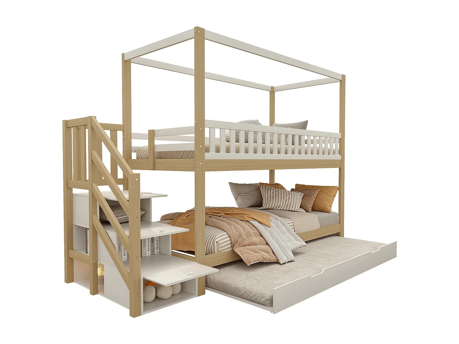 Beliches 2 x 90 x 200 cm com bicama 90 x 190 cm - 3 gavetas - Pinho + compensado + MDF - Branco e madeira (sem colchão)