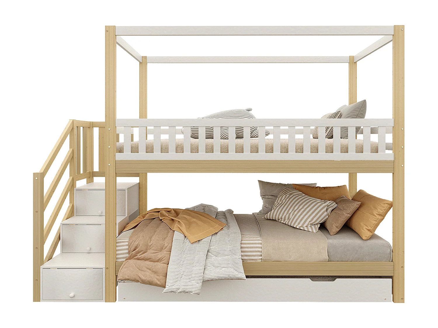 Beliches 2 x 90 x 200 cm com bicama 90 x 190 cm - 3 gavetas - Pinho + compensado + MDF - Branco e madeira (sem colchão)