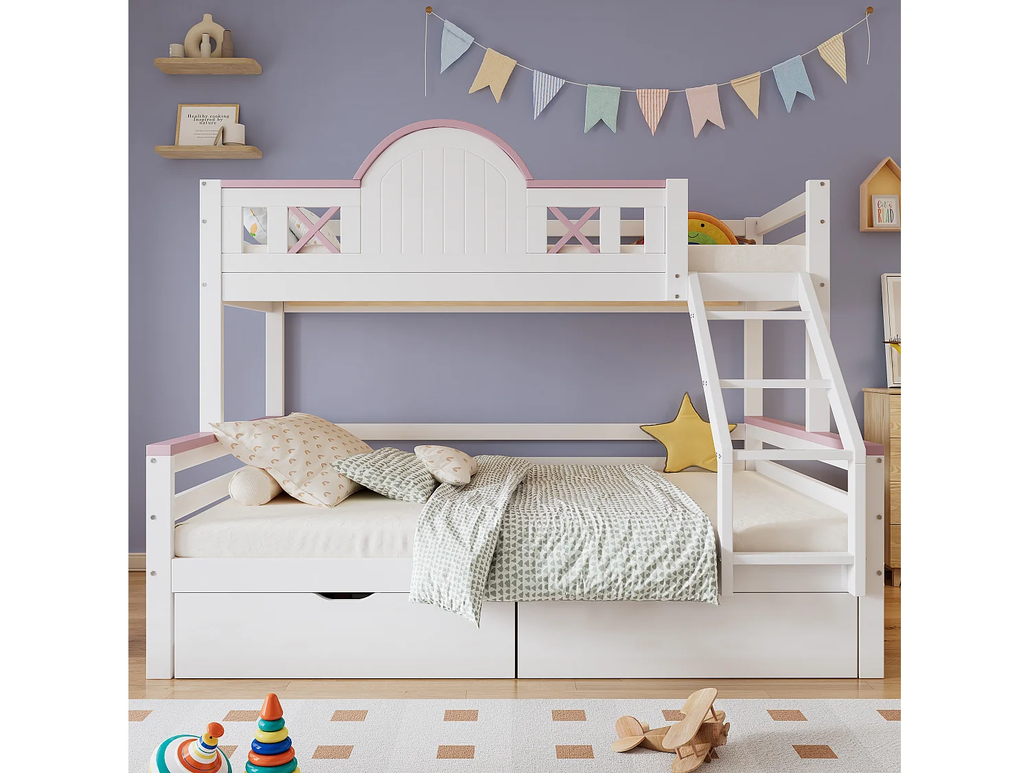 Letti a castello 140 x 200 cm + 90 x 200 cm con 2 cassetti, scaletta inclinata e barriere - Legno di pino + MDF - Bianco + rosa