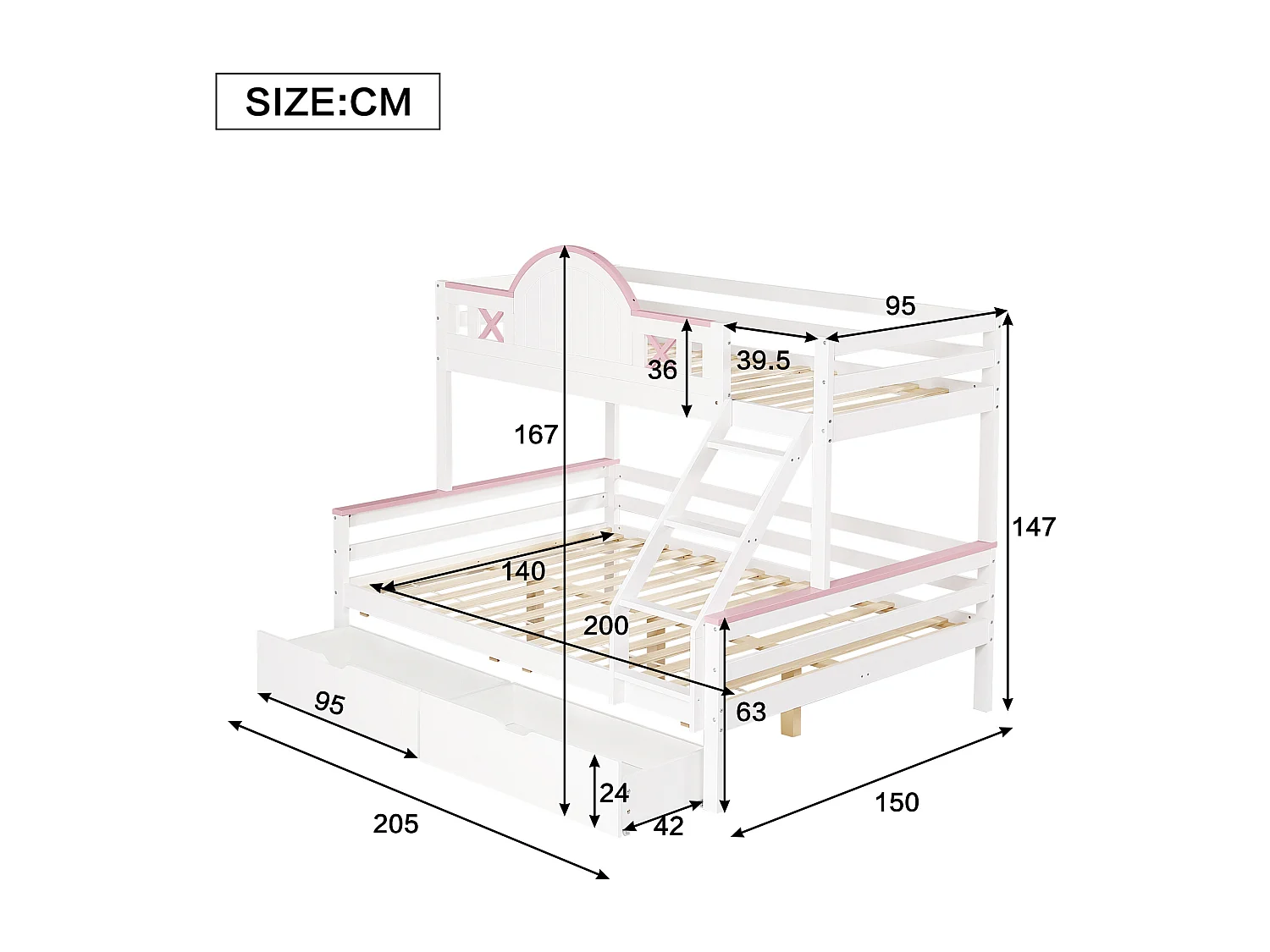 Letti a castello 140 x 200 cm + 90 x 200 cm con 2 cassetti, scaletta inclinata e barriere - Legno di pino + MDF - Bianco + rosa