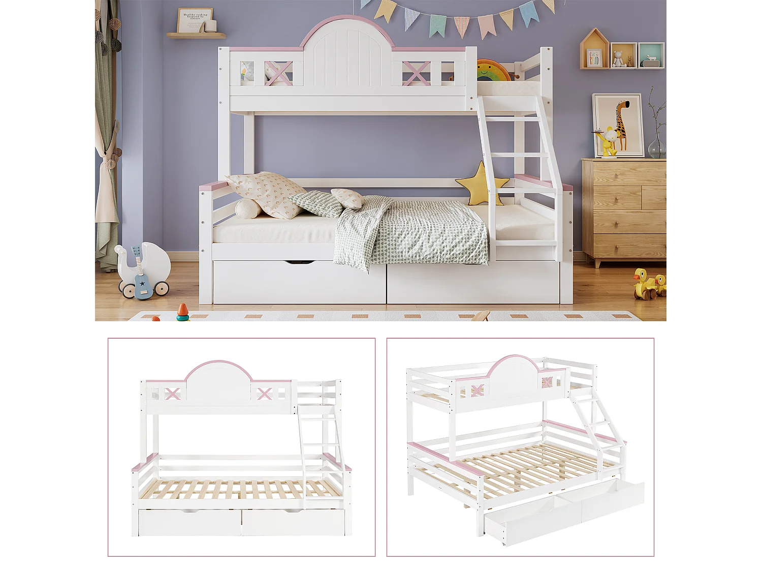 Letti a castello 140 x 200 cm + 90 x 200 cm con 2 cassetti, scaletta inclinata e barriere - Legno di pino + MDF - Bianco + rosa