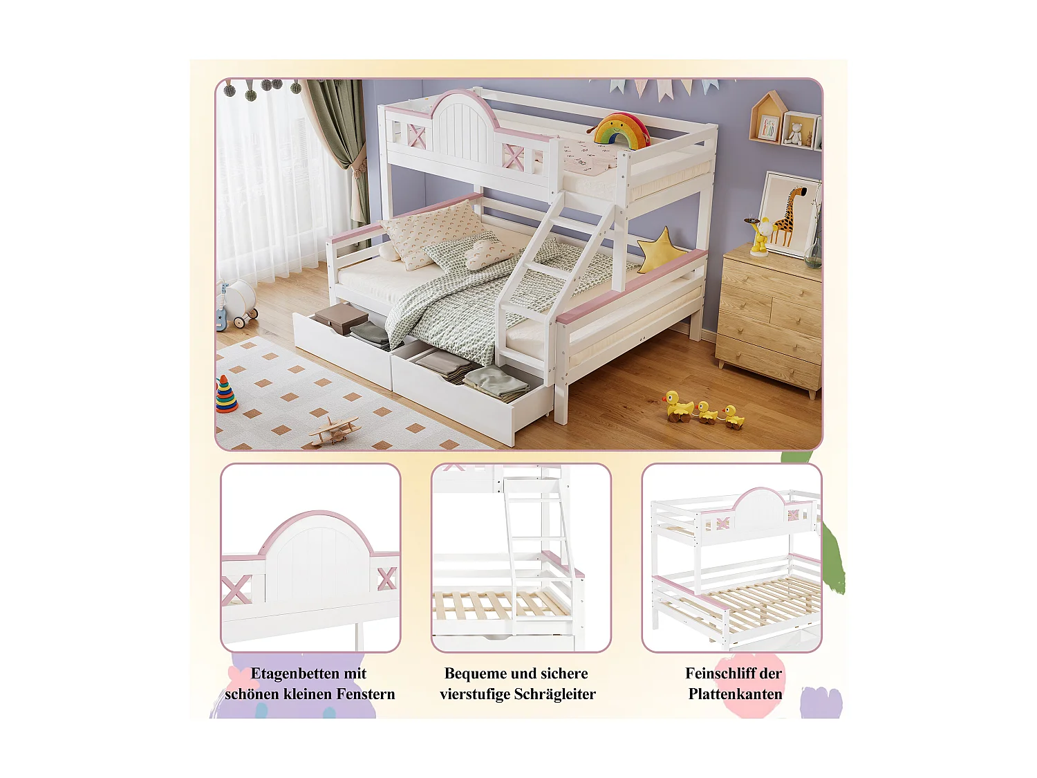 Letti a castello 140 x 200 cm + 90 x 200 cm con 2 cassetti, scaletta inclinata e barriere - Legno di pino + MDF - Bianco + rosa