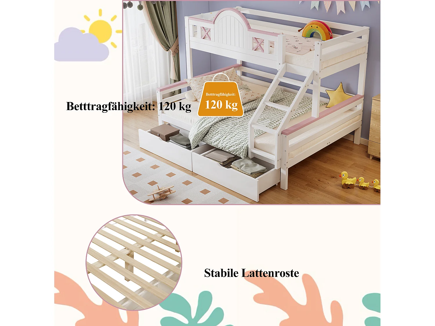 Letti a castello 140 x 200 cm + 90 x 200 cm con 2 cassetti, scaletta inclinata e barriere - Legno di pino + MDF - Bianco + rosa