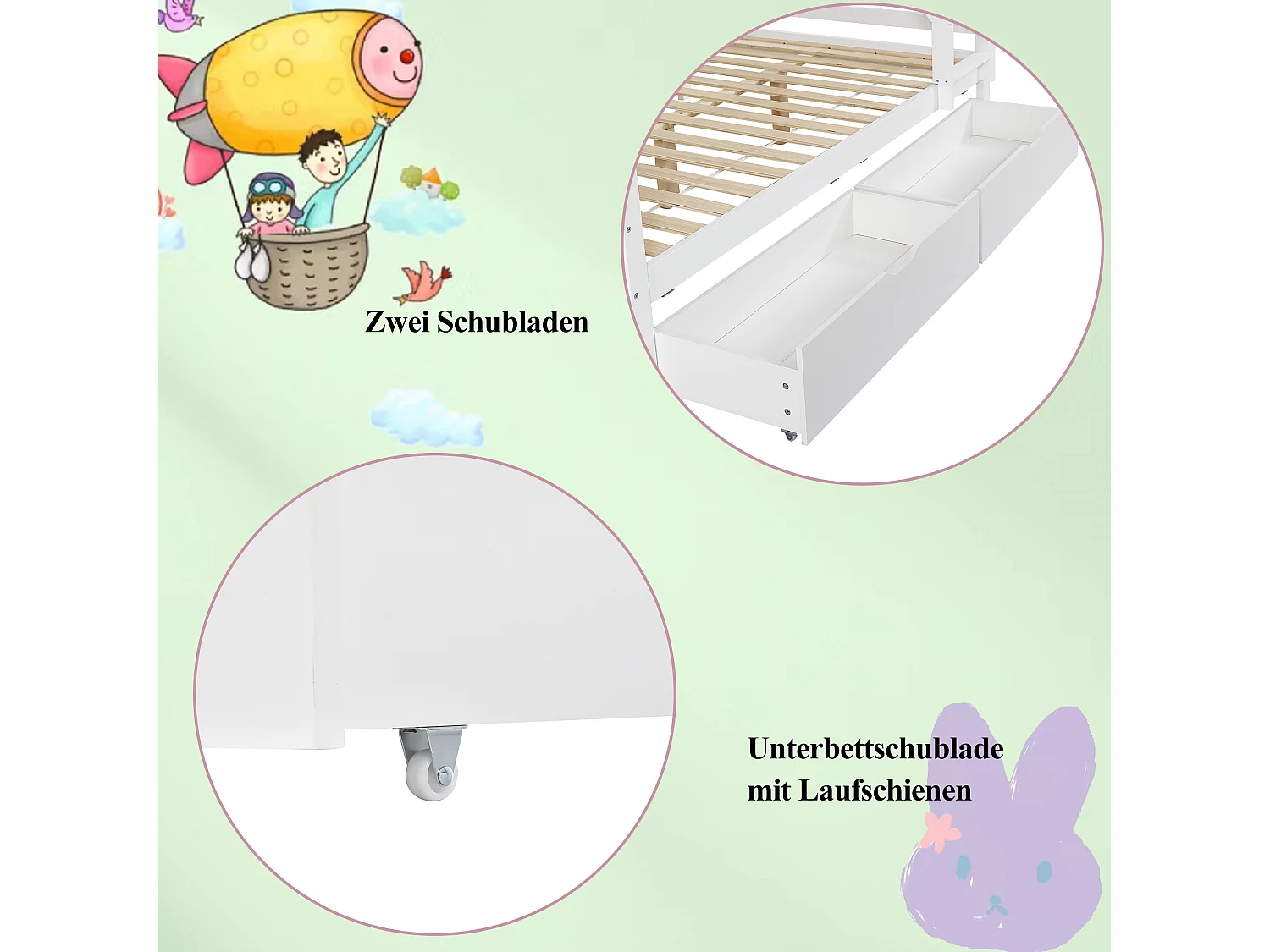 Letti a castello 140 x 200 cm + 90 x 200 cm con 2 cassetti, scaletta inclinata e barriere - Legno di pino + MDF - Bianco + rosa