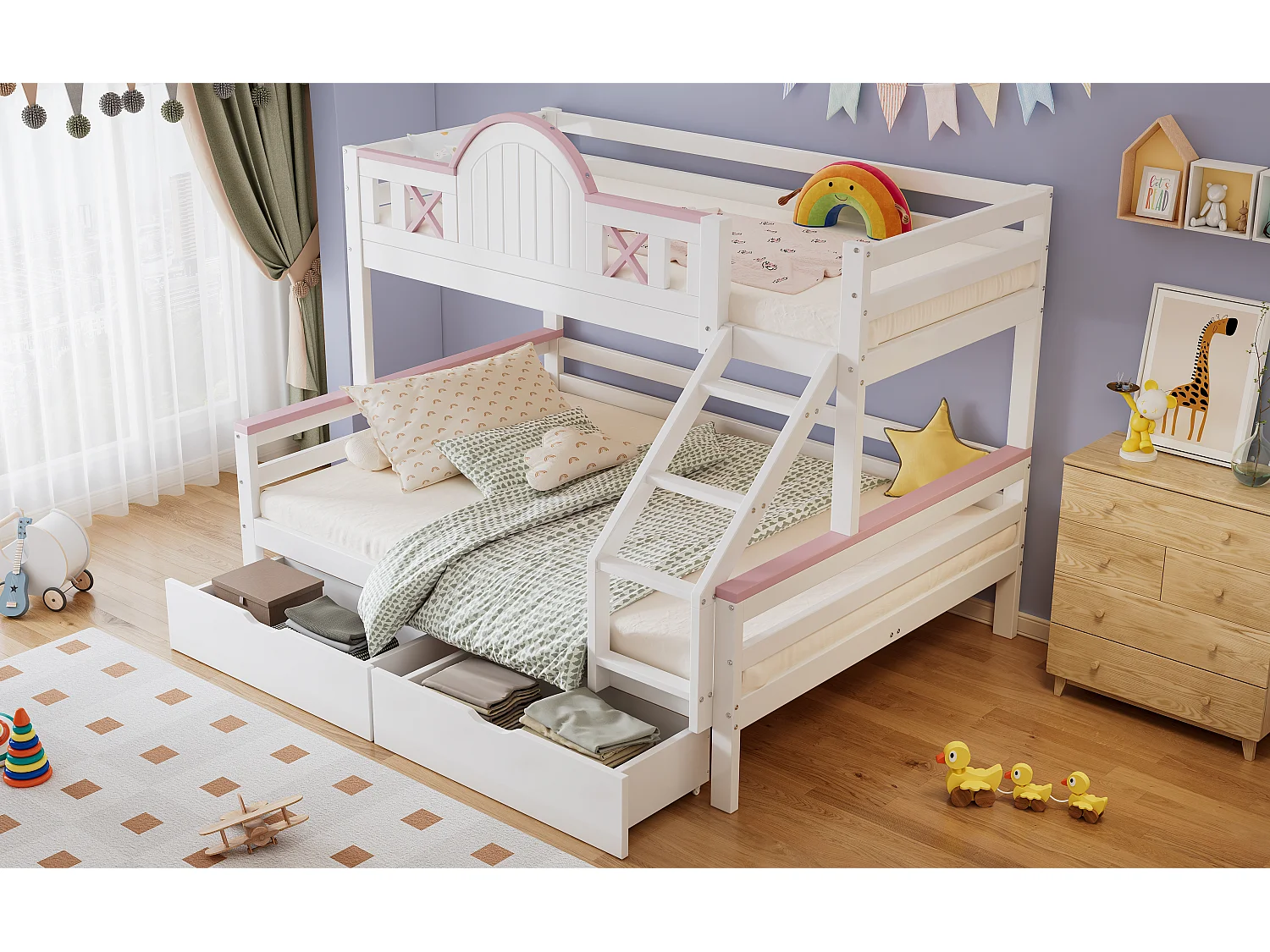 Letti a castello 140 x 200 cm + 90 x 200 cm con 2 cassetti, scaletta inclinata e barriere - Legno di pino + MDF - Bianco + rosa