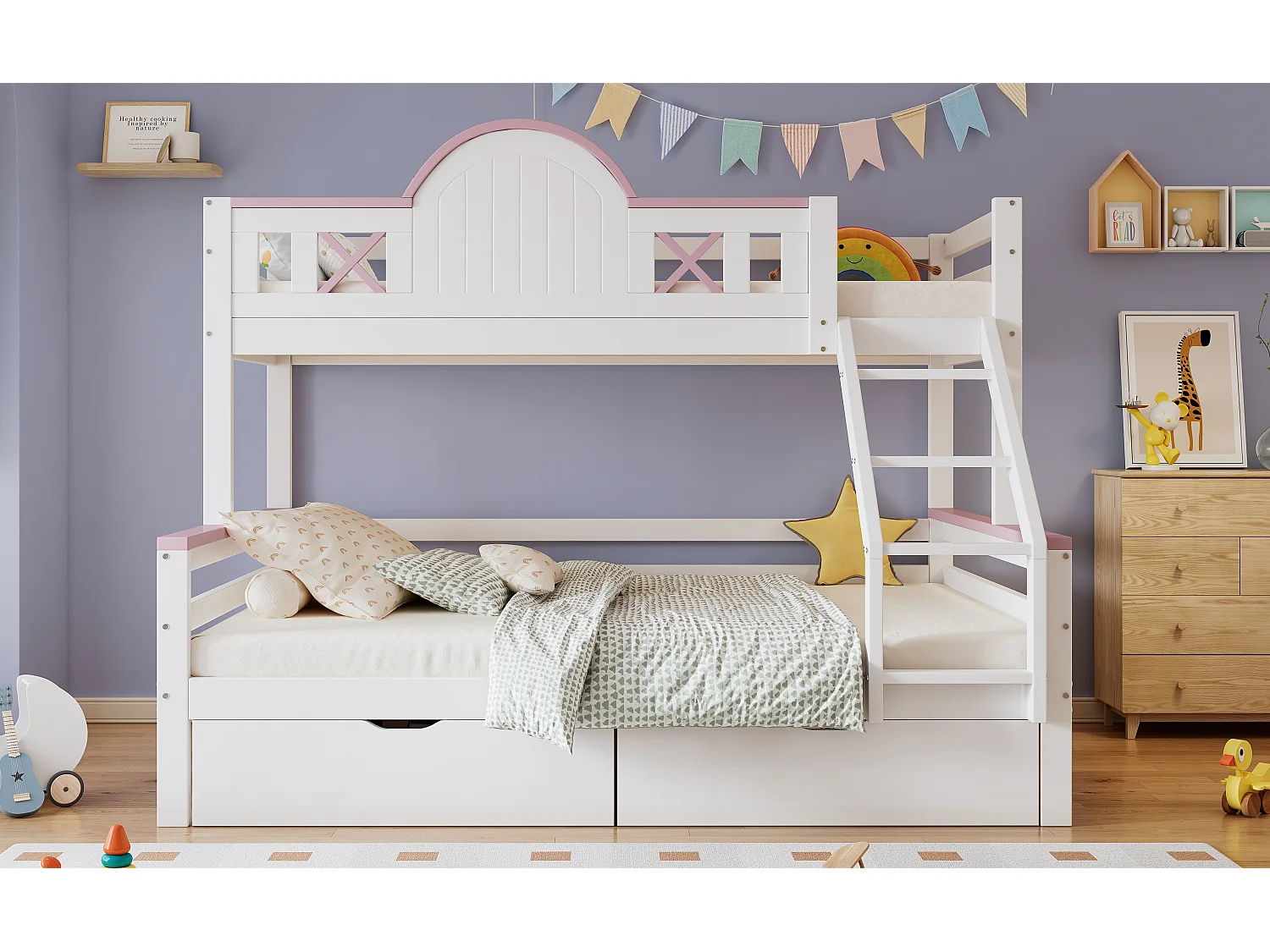 Letti a castello 140 x 200 cm + 90 x 200 cm con 2 cassetti, scaletta inclinata e barriere - Legno di pino + MDF - Bianco + rosa
