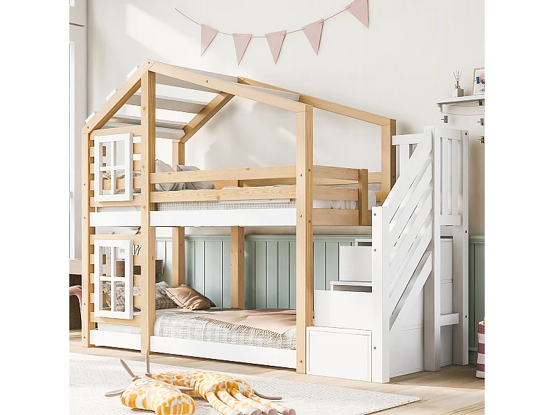 Stapelbedden 2 x 90 x 200 cm met 3 lades, raam en dak - Massief hout + MDF - 2 x lattenbodem - Wit (zonder matras)