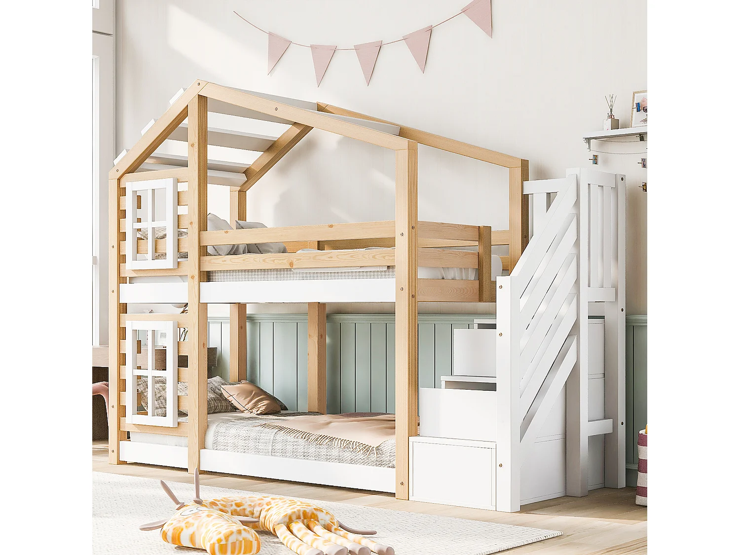 Stapelbedden 2 x 90 x 200 cm met 3 lades, raam en dak - Massief hout + MDF - 2 x lattenbodem - Wit (zonder matras)