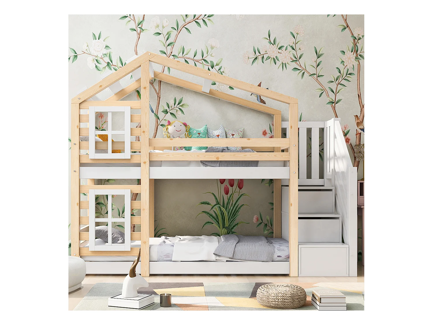 Stapelbedden 2 x 90 x 200 cm met 3 lades, raam en dak - Massief hout + MDF - 2 x lattenbodem - Wit (zonder matras)