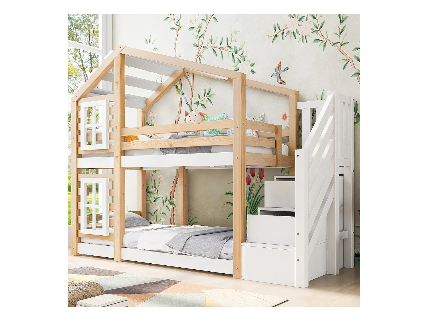 Stapelbedden 2 x 90 x 200 cm met 3 lades, raam en dak - Massief hout + MDF - 2 x lattenbodem - Wit (zonder matras)