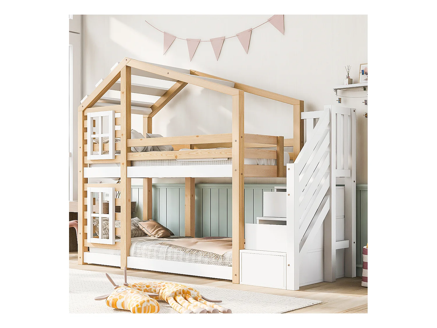 Lits superposés 2 x 90 x 200 cm avec 3 tiroirs, fenêtre et toit - Bois massif + MDF - 2 x sommier à lattes - Blanc (sans matelas)