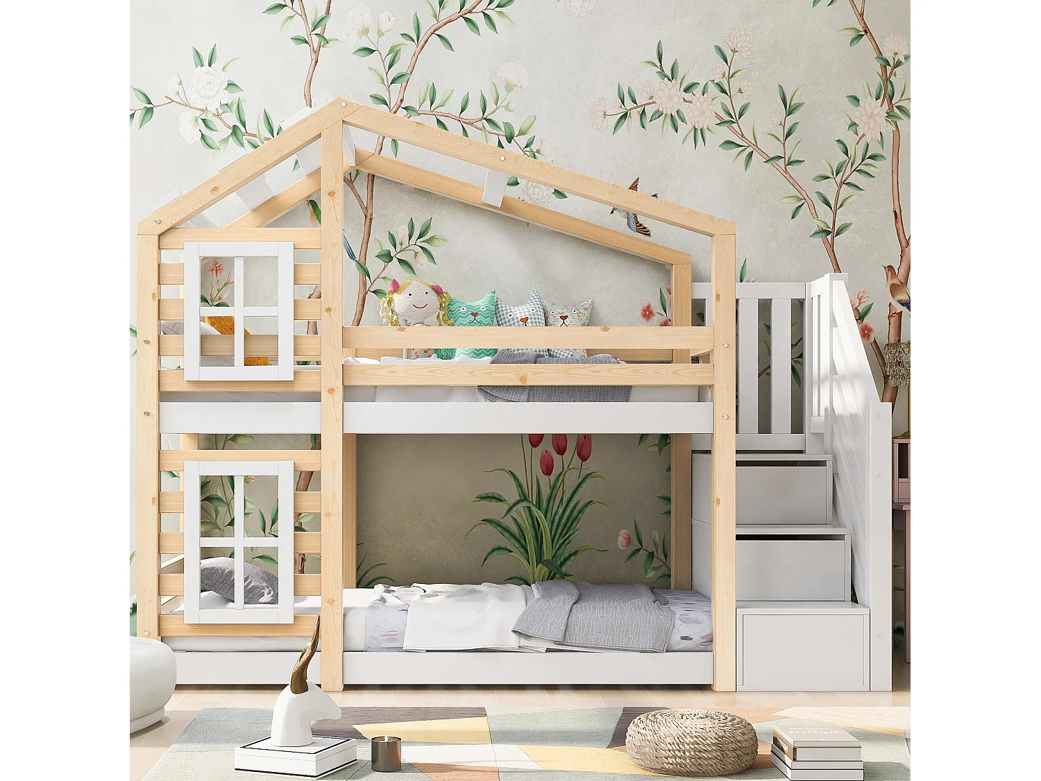 Stapelbedden 2 x 90 x 200 cm met 3 lades, raam en dak - Massief hout + MDF - 2 x lattenbodem - Wit (zonder matras)