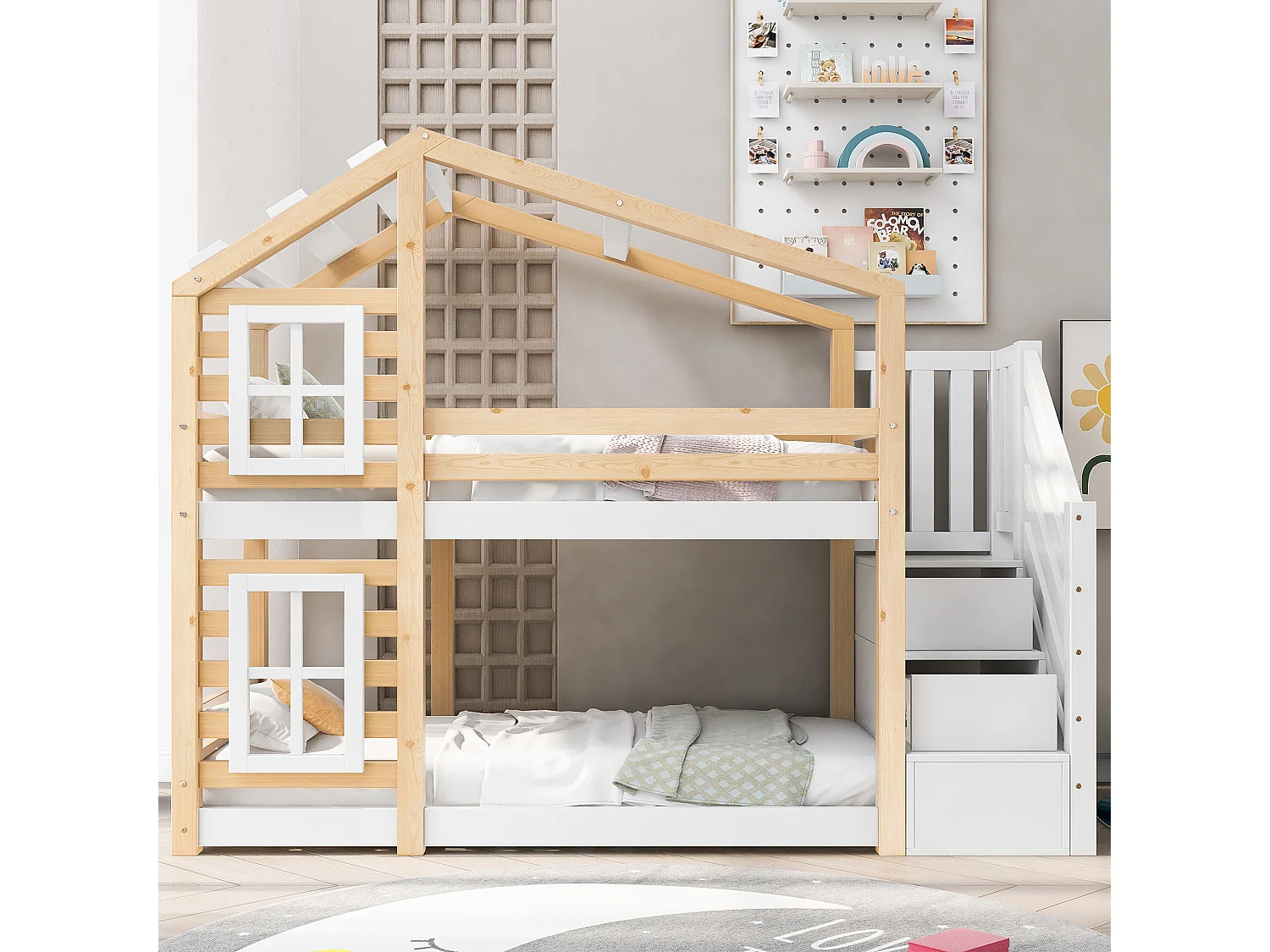 Stapelbedden 2 x 90 x 200 cm met 3 lades, raam en dak - Massief hout + MDF - 2 x lattenbodem - Wit (zonder matras)