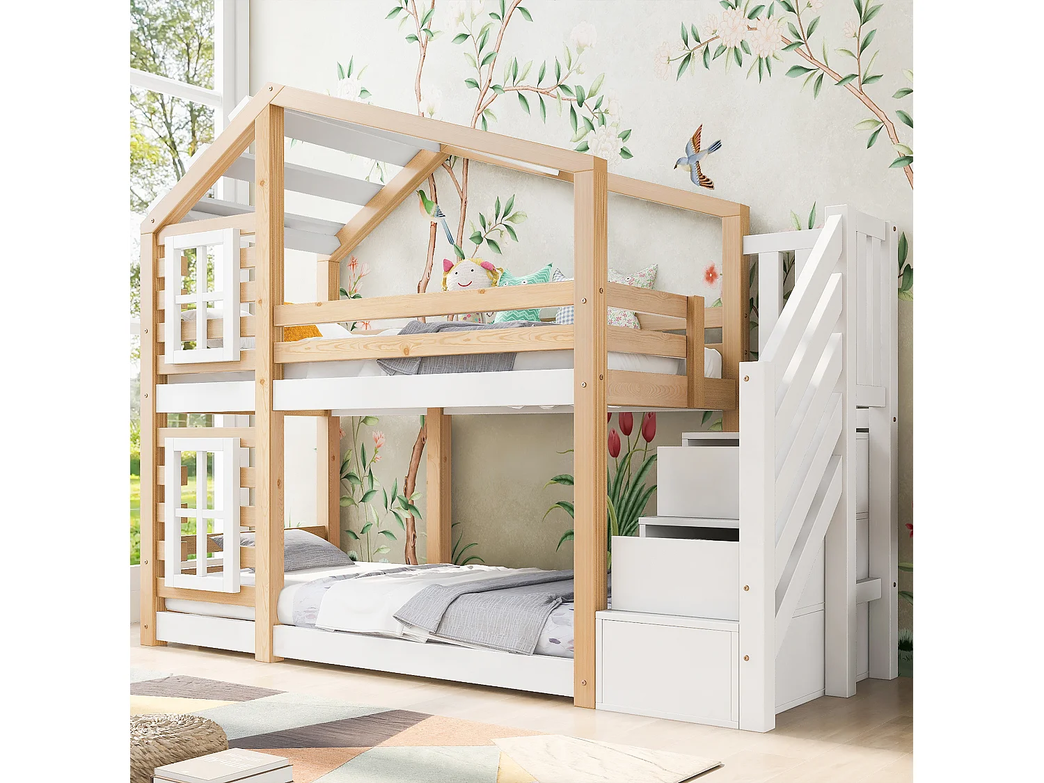 Stapelbedden 2 x 90 x 200 cm met 3 lades, raam en dak - Massief hout + MDF - 2 x lattenbodem - Wit (zonder matras)