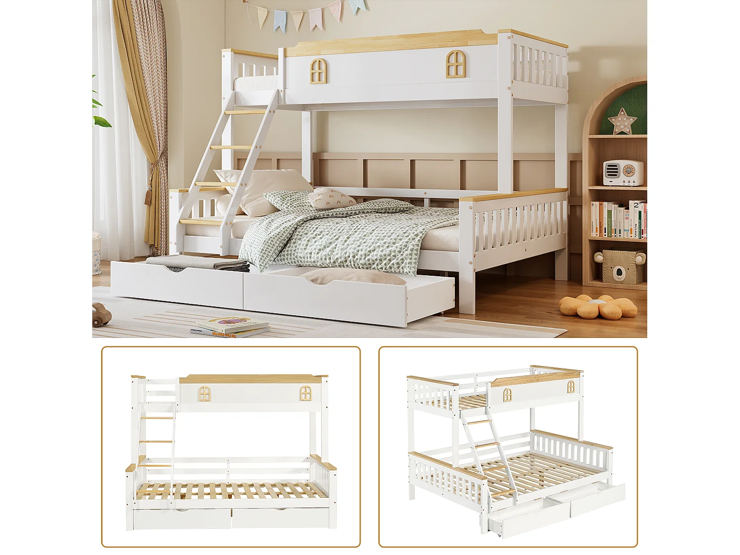 Stapelbedden 140 x 200 cm + 90 x 200 cm met 2 lades en barrières - Grenenhout + MDF - Wit + naturel