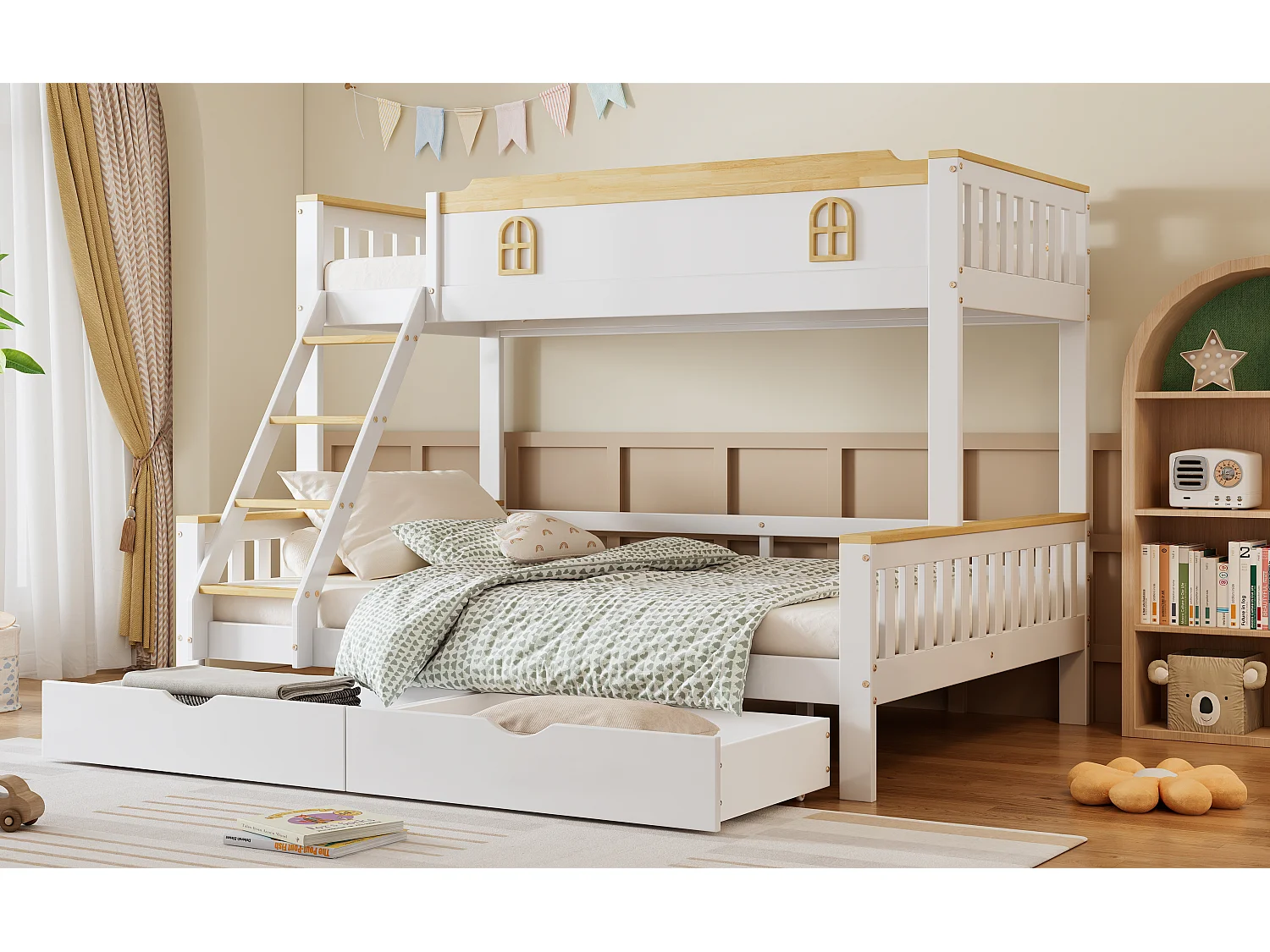 Stapelbedden 140 x 200 cm + 90 x 200 cm met 2 lades en barrières - Grenenhout + MDF - Wit + naturel