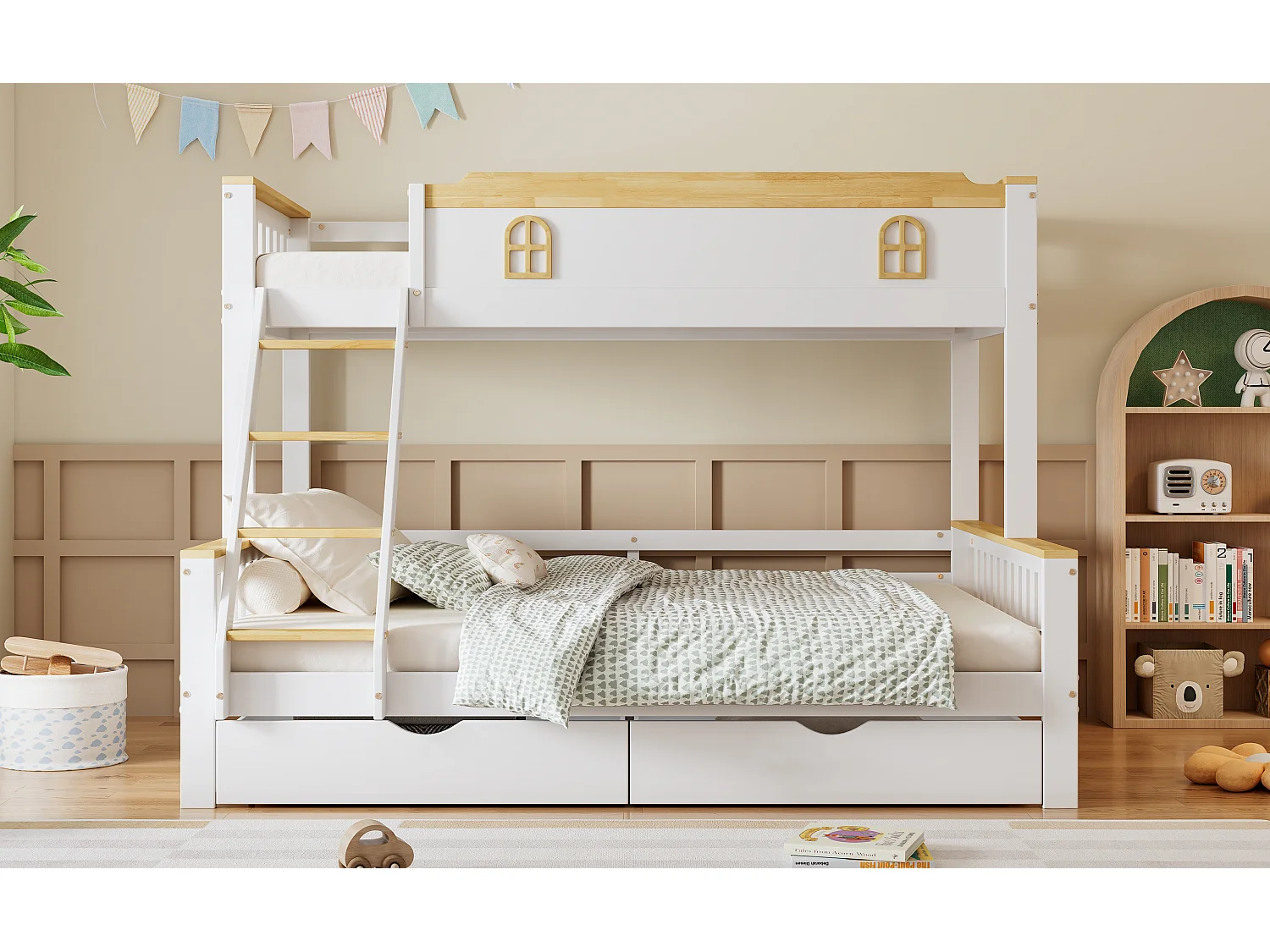 Stapelbedden 140 x 200 cm + 90 x 200 cm met 2 lades en barrières - Grenenhout + MDF - Wit + naturel