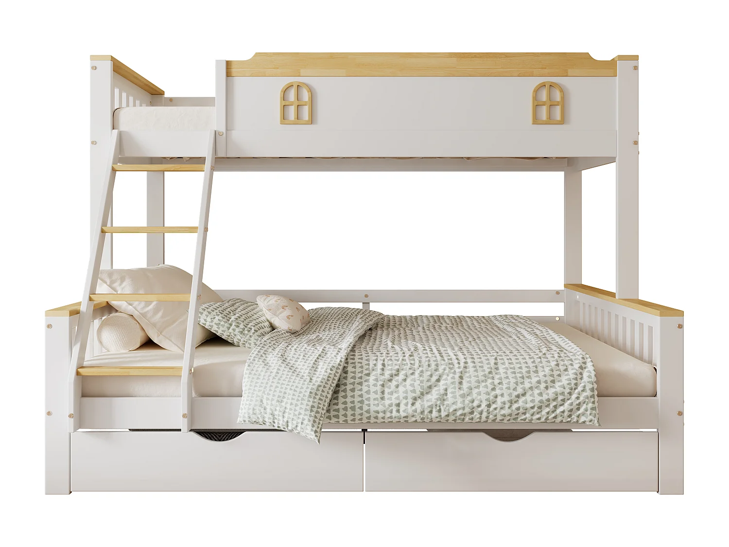 Stapelbedden 140 x 200 cm + 90 x 200 cm met 2 lades en barrières - Grenenhout + MDF - Wit + naturel