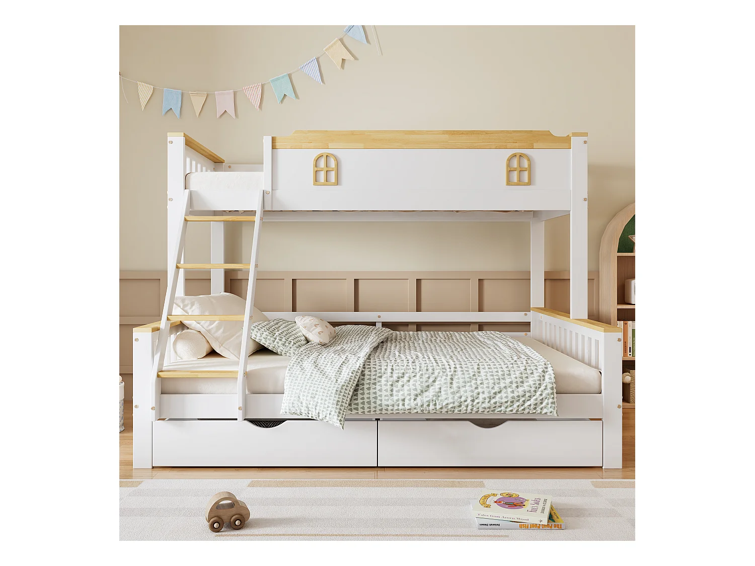 Stapelbedden 140 x 200 cm + 90 x 200 cm met 2 lades en barrières - Grenenhout + MDF - Wit + naturel