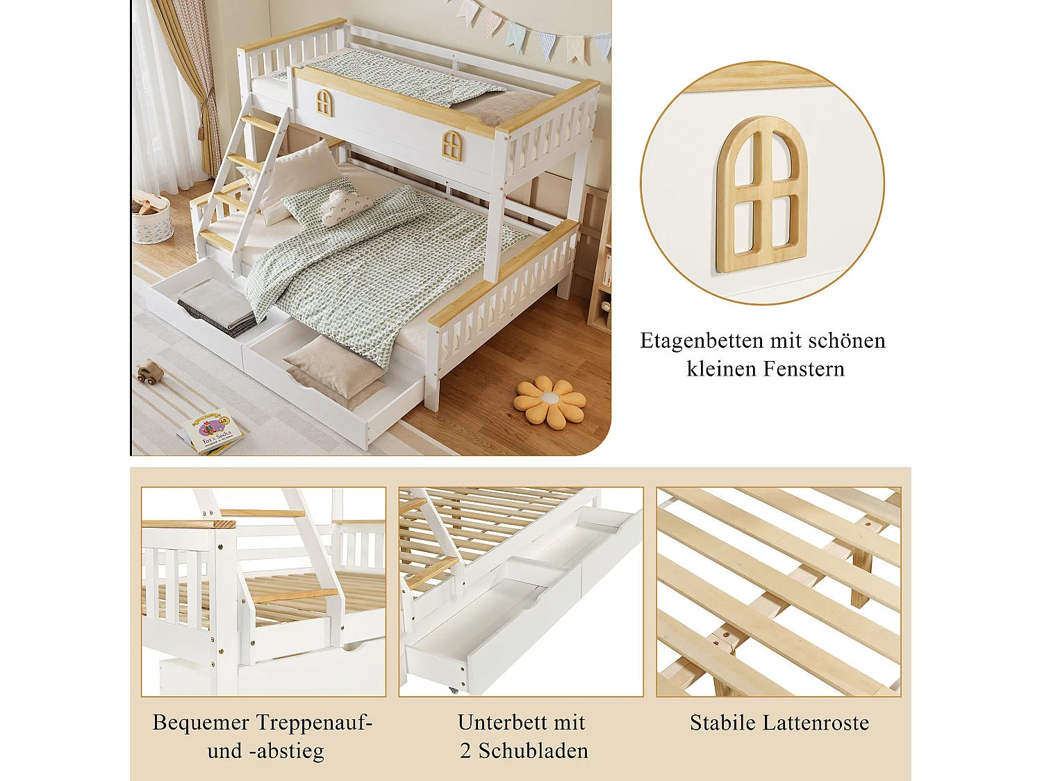 Literas 140 x 200 cm + 90 x 200 cm con 2 cajones y barreras - Madera de pino + MDF - Blanco + natural