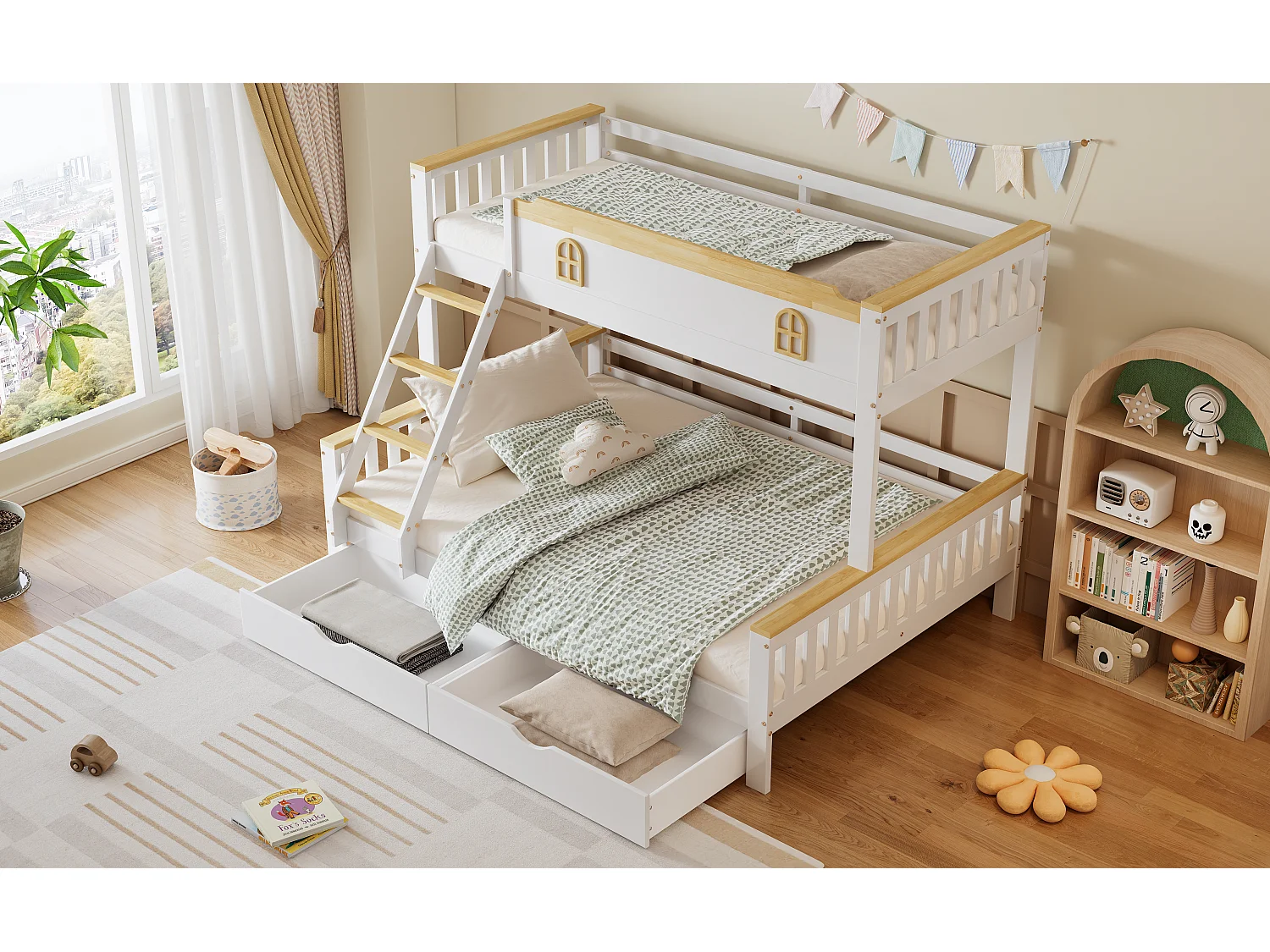 Literas 140 x 200 cm + 90 x 200 cm con 2 cajones y barreras - Madera de pino + MDF - Blanco + natural