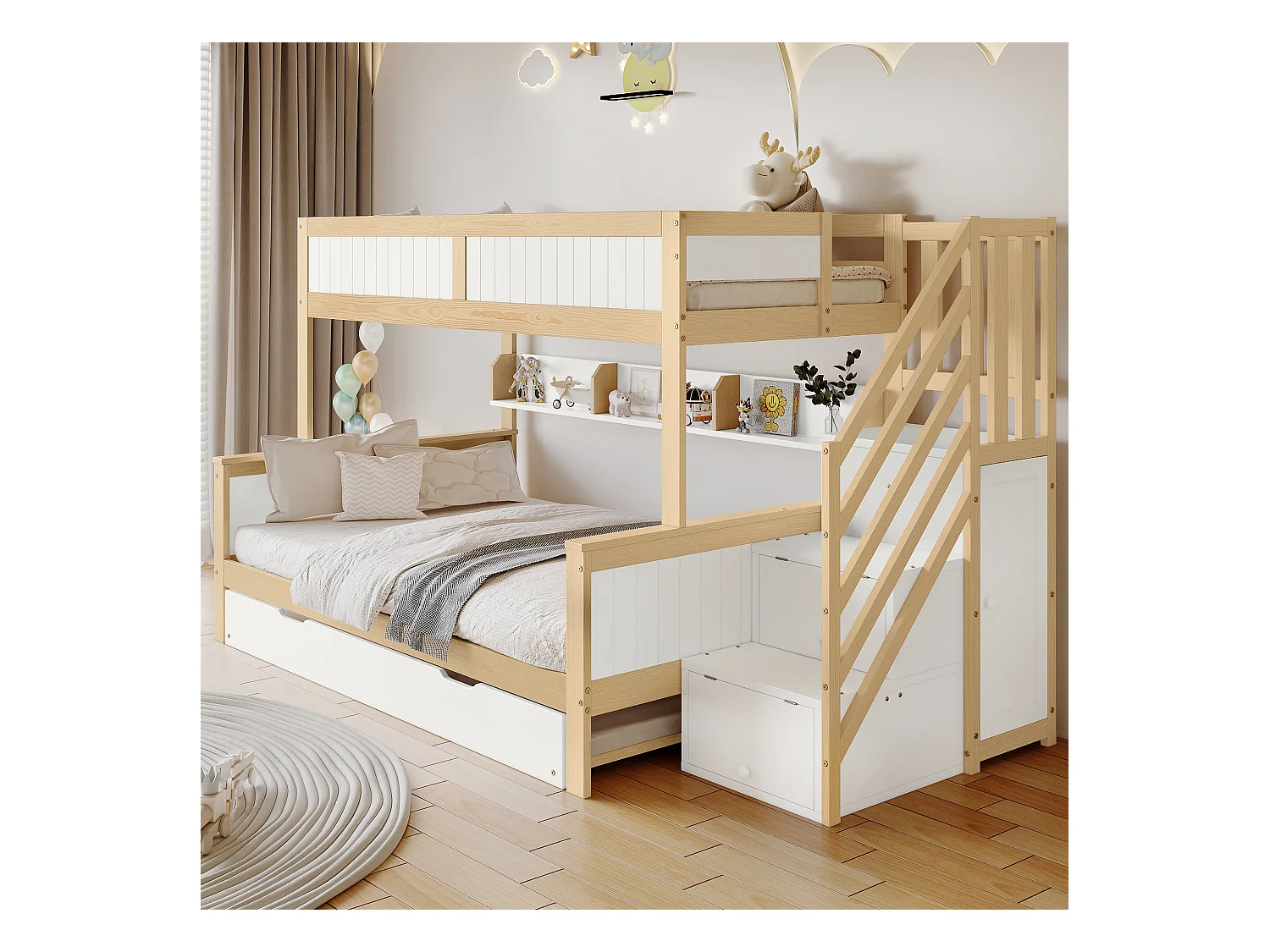 Lits superposés 120 x 200 cm + 90 x 200 cm avec lit gigogne 90 x 190 cm - Armoire + 2 tiroirs - Bois massif + MDF - Blanc + naturel