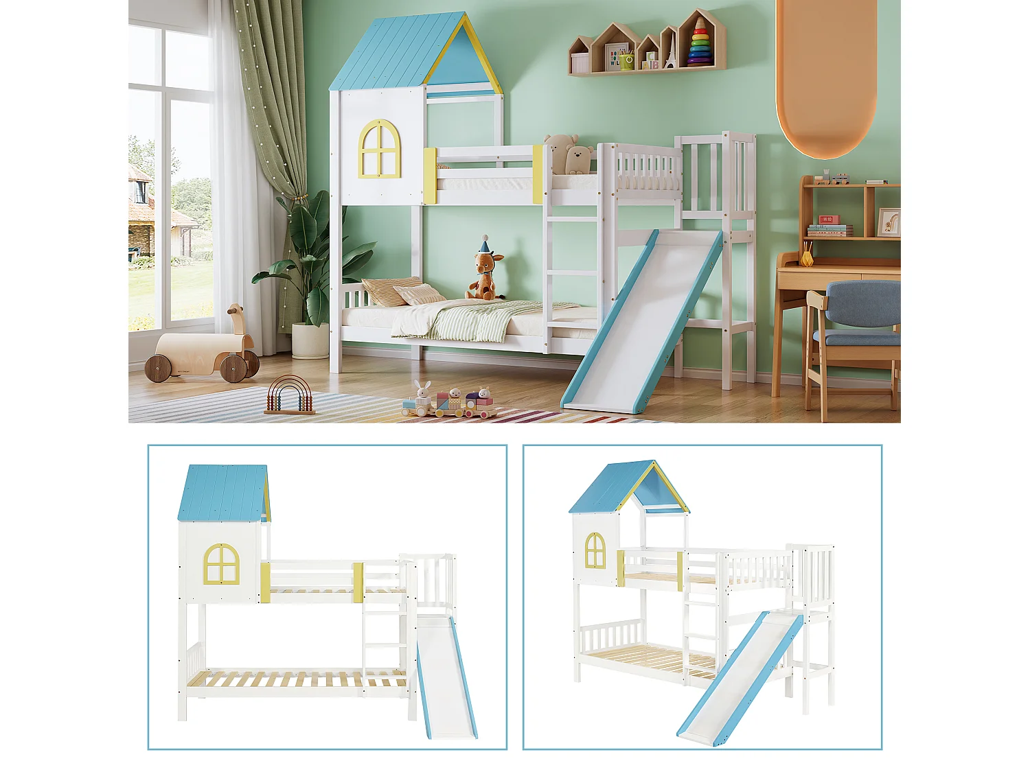 Lits superposés 2 x 90 x 200 cm avec toboggan et toit - Bois pin+MDF - Sommier à latteas - Blanc + bleu