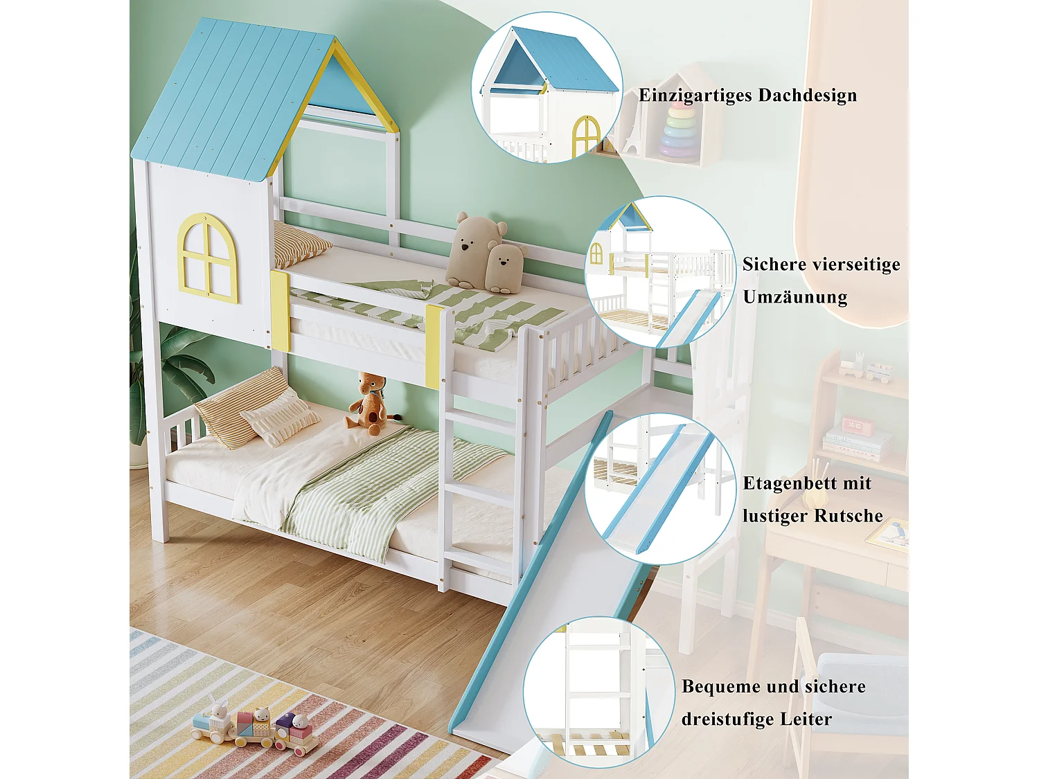 Lits superposés 2 x 90 x 200 cm avec toboggan et toit - Bois pin+MDF - Sommier à latteas - Blanc + bleu