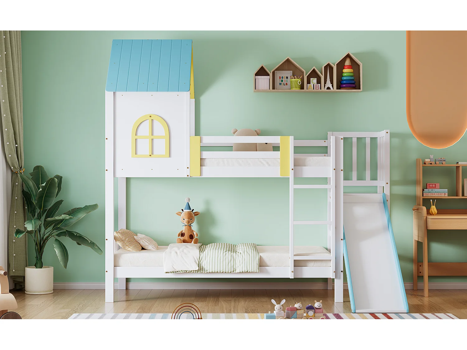 Lits superposés 2 x 90 x 200 cm avec toboggan et toit - Bois pin+MDF - Sommier à latteas - Blanc + bleu