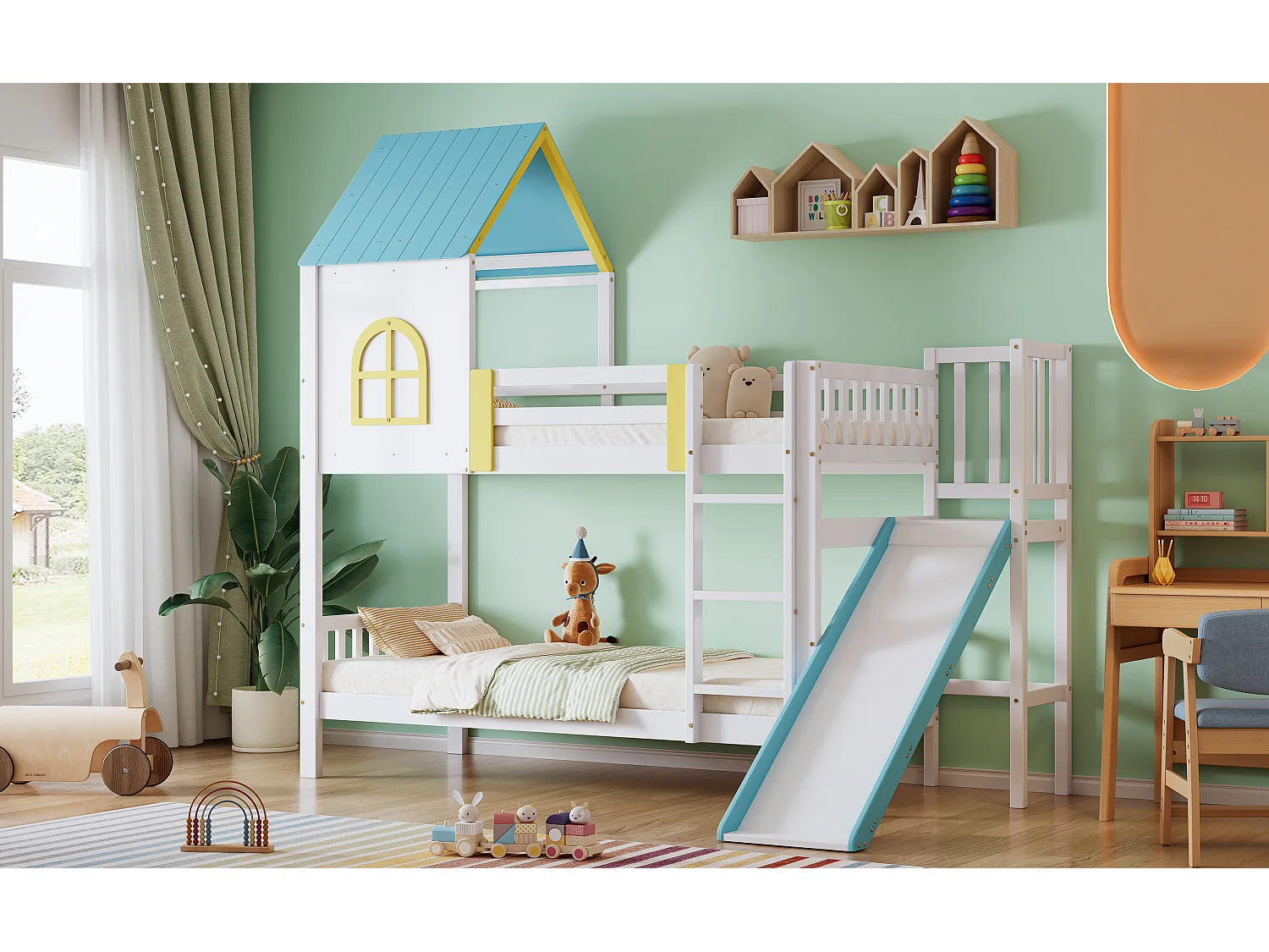 Lits superposés 2 x 90 x 200 cm avec toboggan et toit - Bois pin+MDF - Sommier à latteas - Blanc + bleu