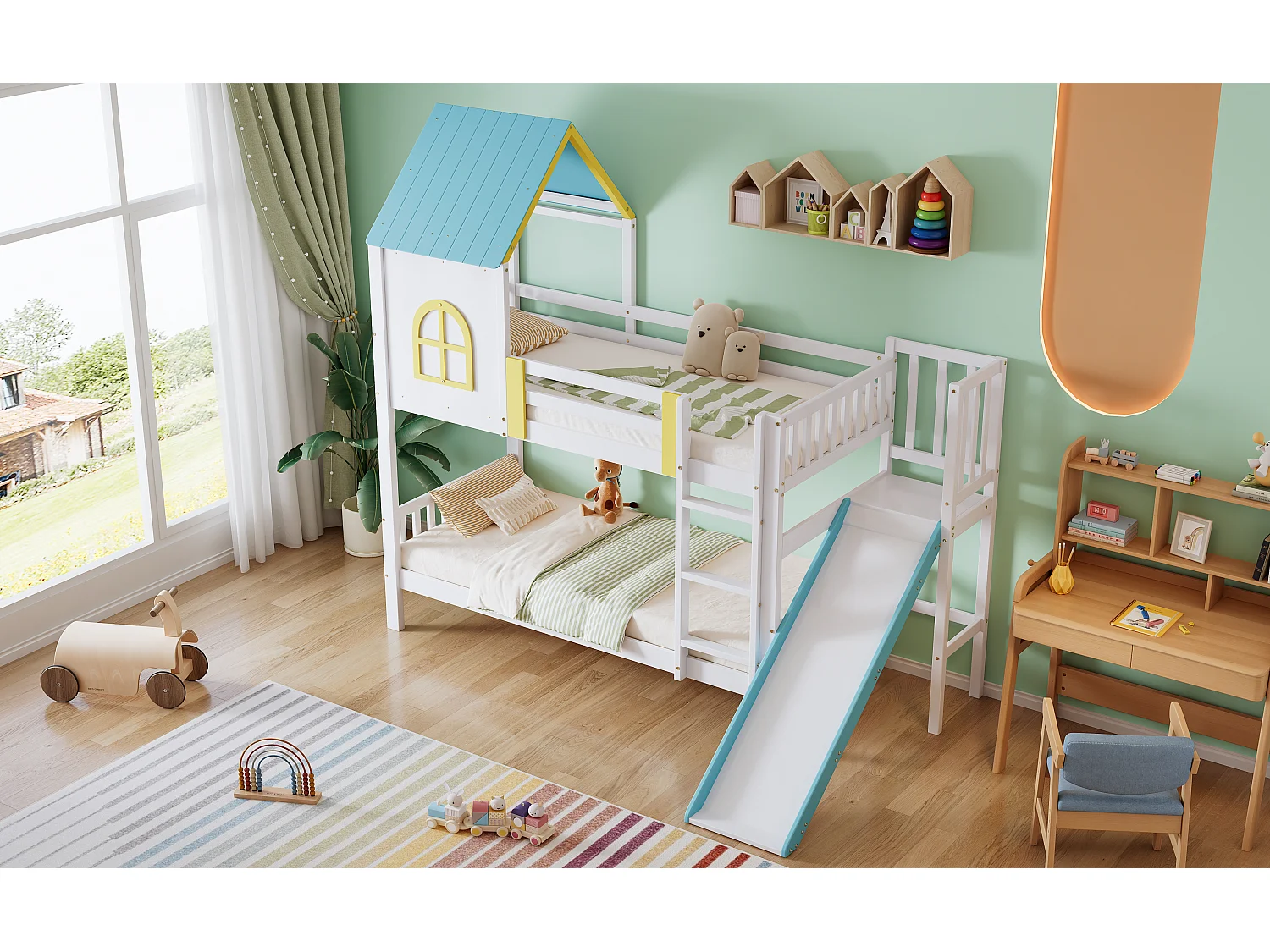 Lits superposés 2 x 90 x 200 cm avec toboggan et toit - Bois pin+MDF - Sommier à latteas - Blanc + bleu