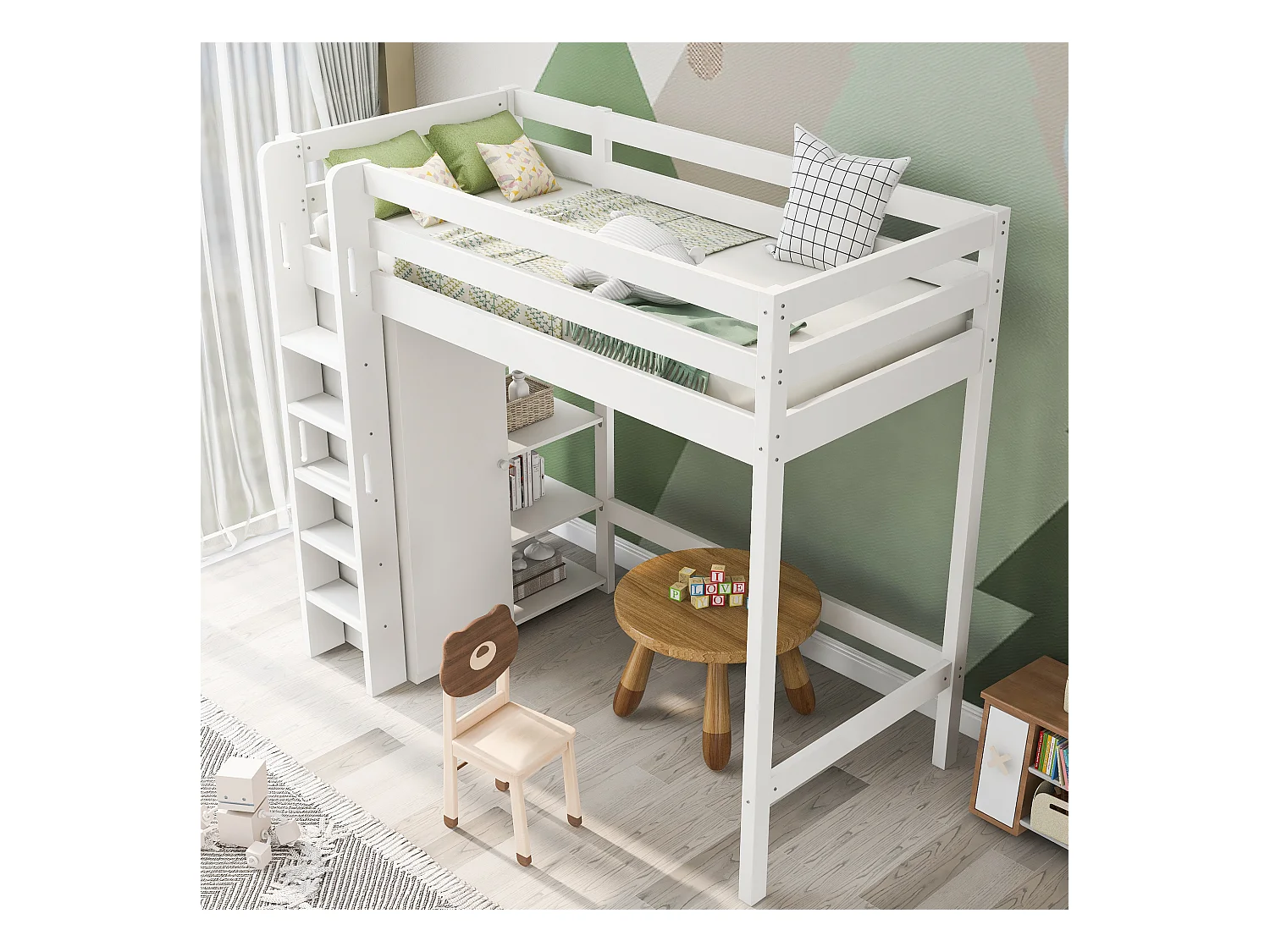 Lit mezzanine 90 x 200 cm avec armoire et 6 étagères - Panneaux de particules + MDF - Blanc (sans matelas)