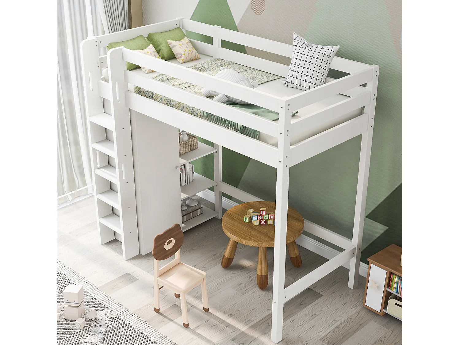 Lit mezzanine 90 x 200 cm avec armoire et 6 étagères - Panneaux de particules + MDF - Blanc (sans matelas)