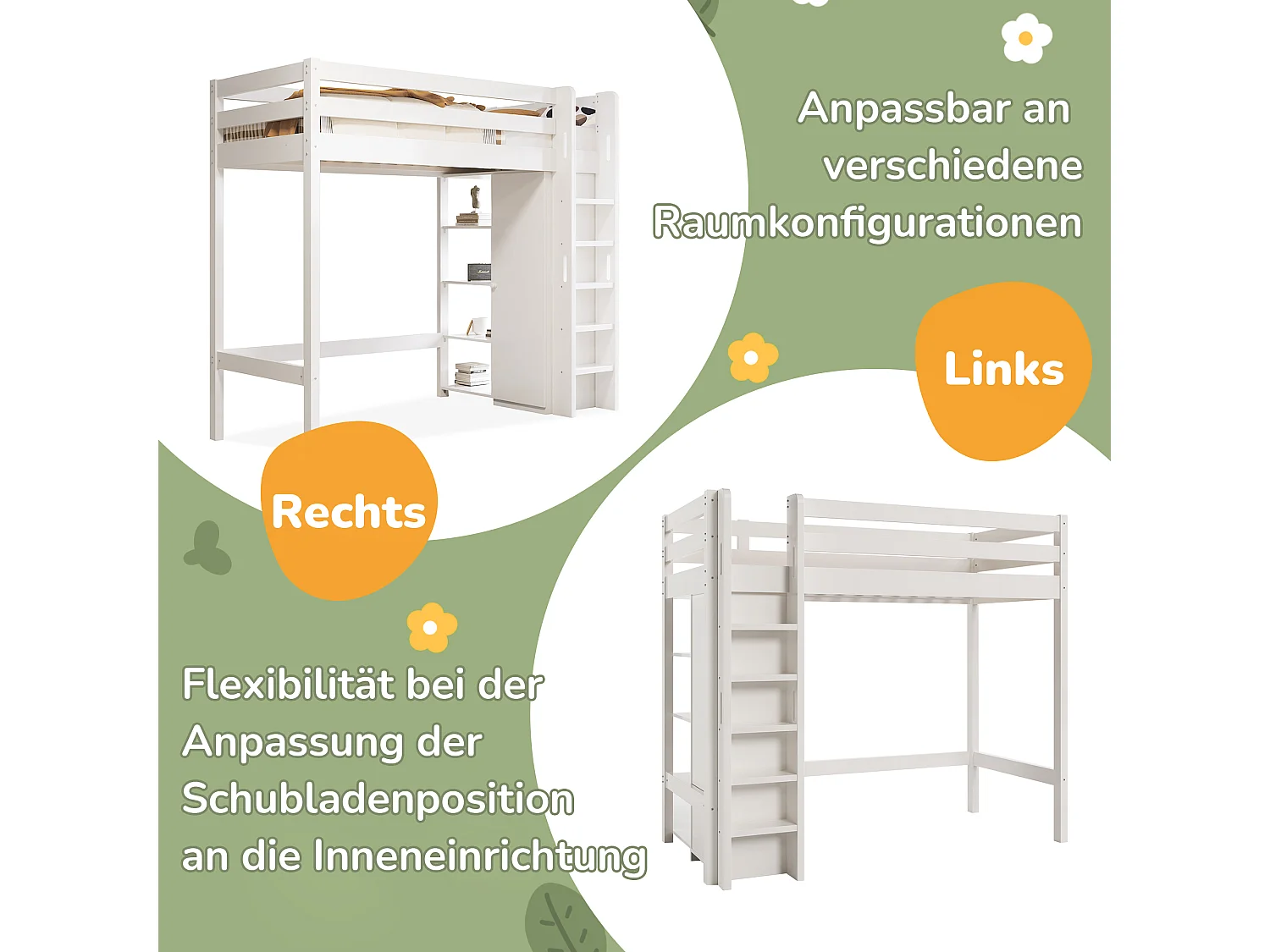 Lit mezzanine 90 x 200 cm avec armoire et 6 étagères - Panneaux de particules + MDF - Blanc (sans matelas)