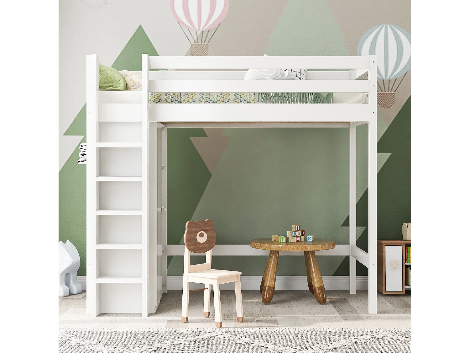 Lit mezzanine 90 x 200 cm avec armoire et 6 étagères - Panneaux de particules + MDF - Blanc (sans matelas)