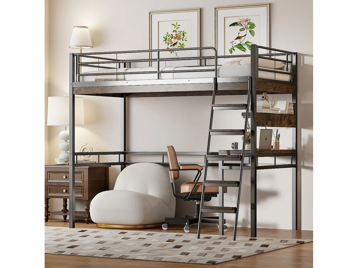 Hochbett 90 x 200 cm mit Schreibtisch und Regalen – Metall + MDF – Schwarz (ohne Matratze)