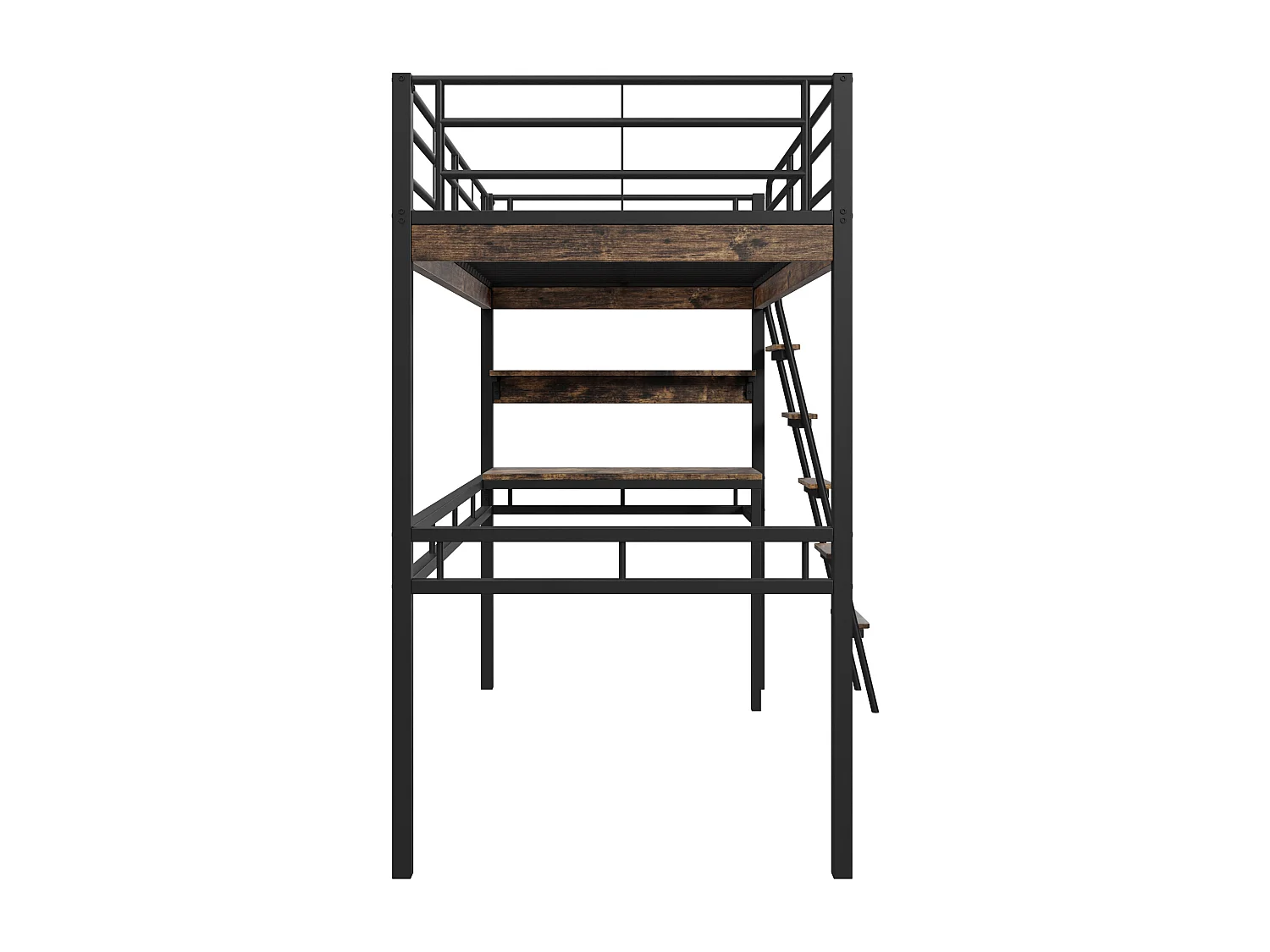 Hochbett 90 x 200 cm mit Schreibtisch und Regalen – Metall + MDF – Schwarz (ohne Matratze)