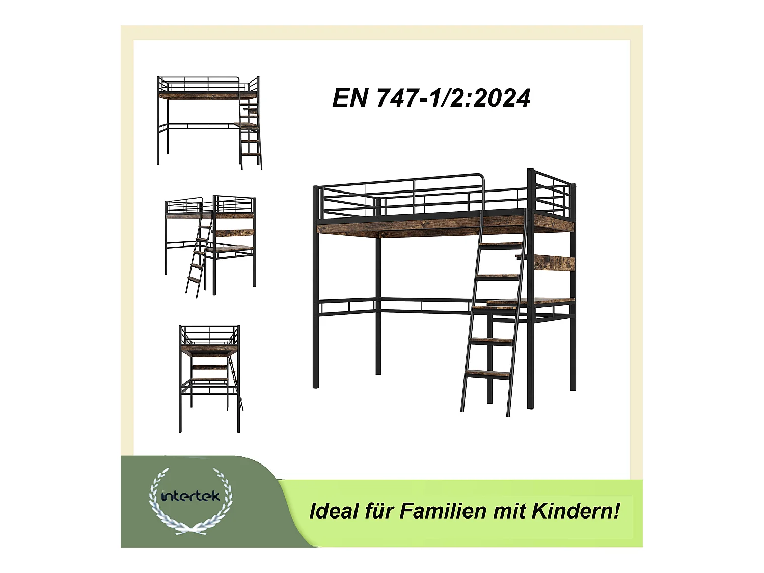 Lit mezzanine 90 x 200 cm avec bureau et étagères - Métal + MDF - Noir (sans matelas)