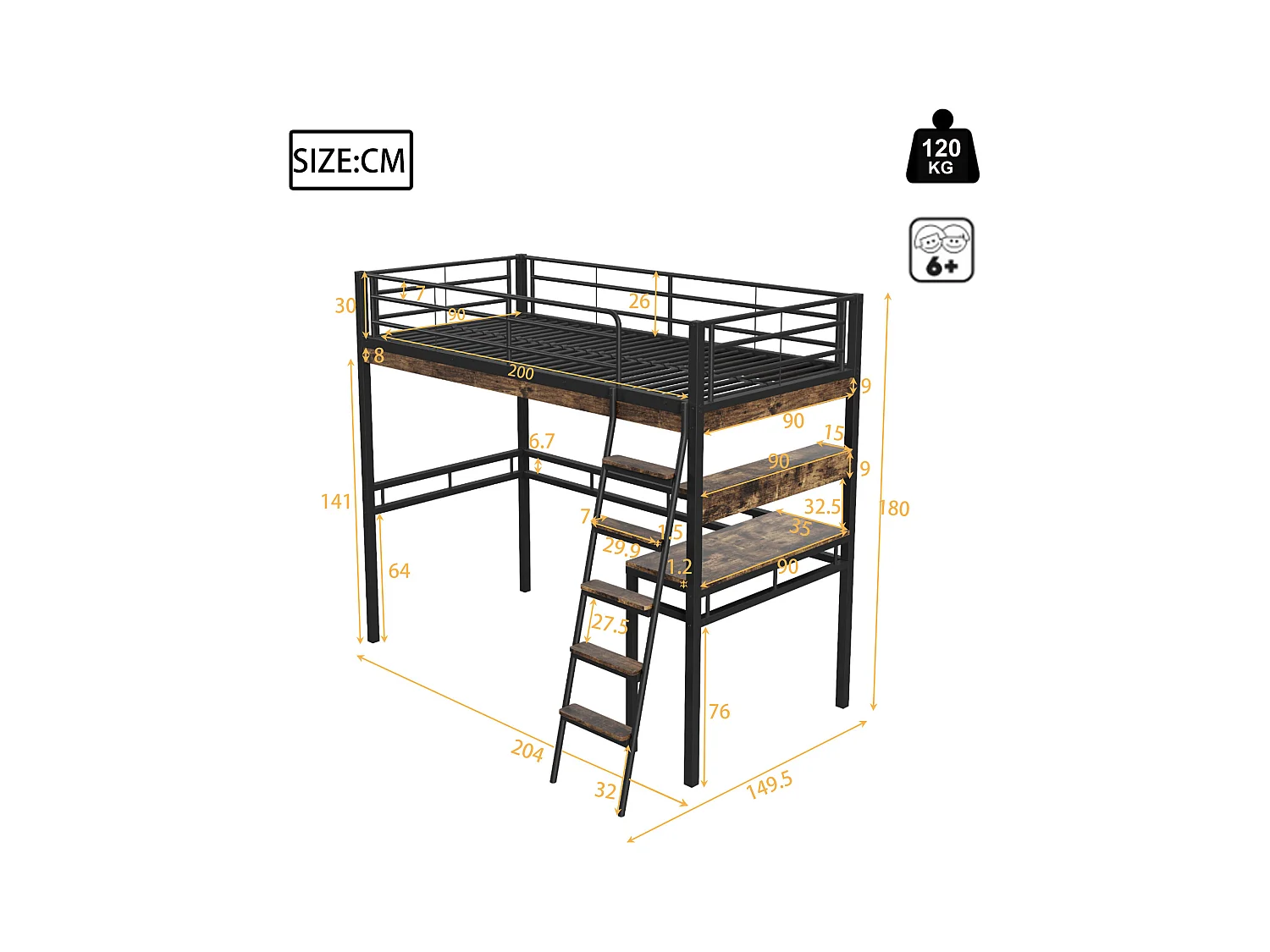 Lit mezzanine 90 x 200 cm avec bureau et étagères - Métal + MDF - Noir (sans matelas)