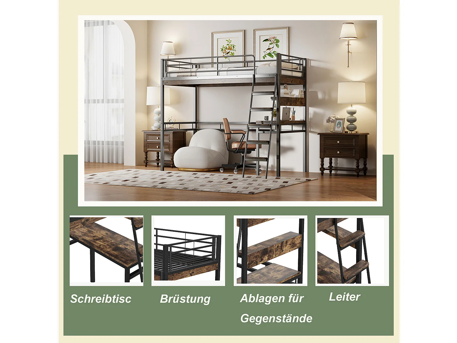 Lit mezzanine 90 x 200 cm avec bureau et étagères - Métal + MDF - Noir (sans matelas)