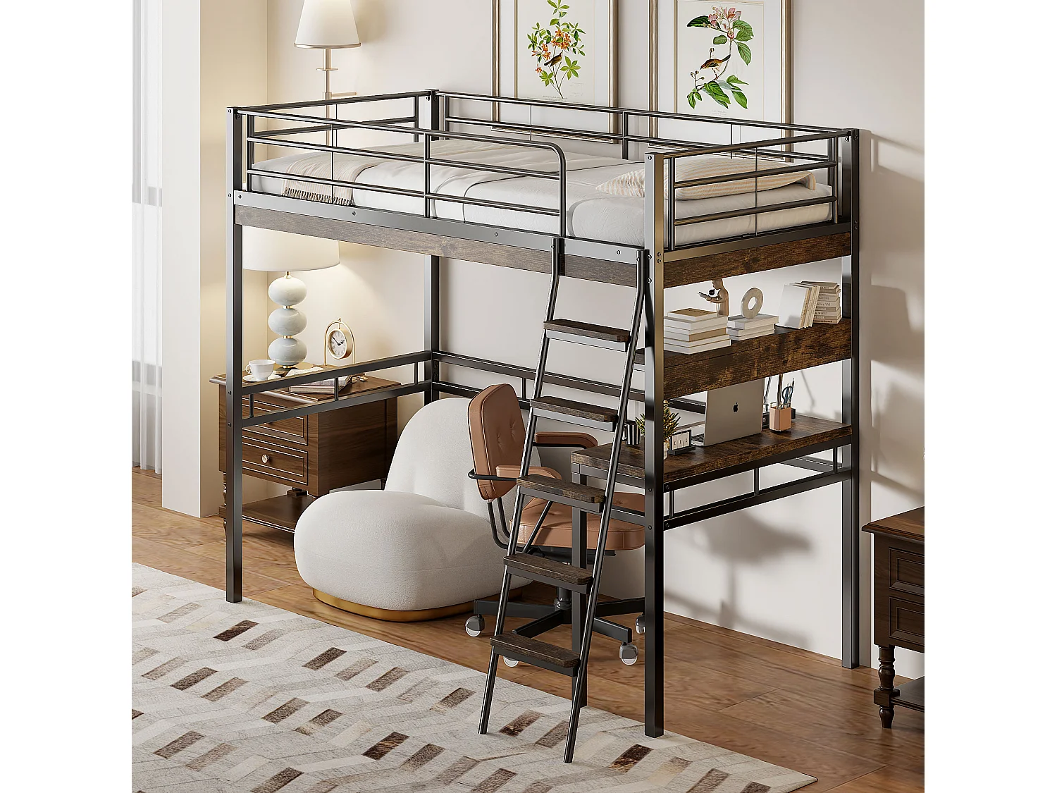 Lit mezzanine 90 x 200 cm avec bureau et étagères - Métal + MDF - Noir (sans matelas)