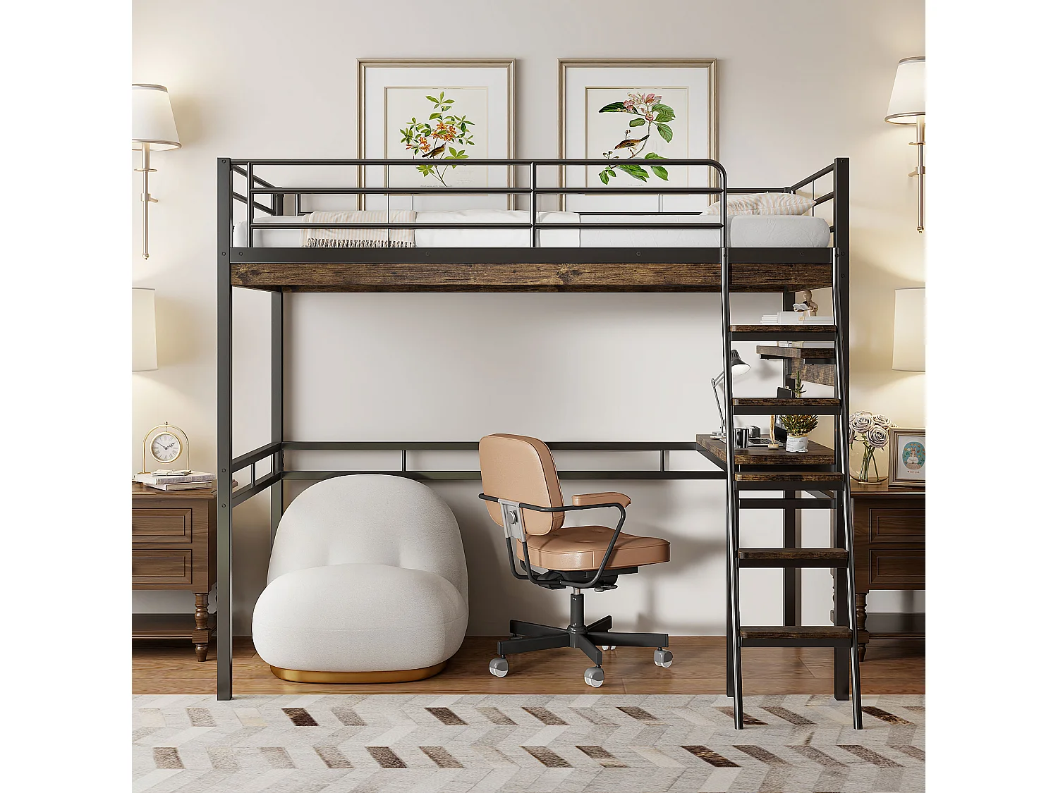 Lit mezzanine 90 x 200 cm avec bureau et étagères - Métal + MDF - Noir (sans matelas)