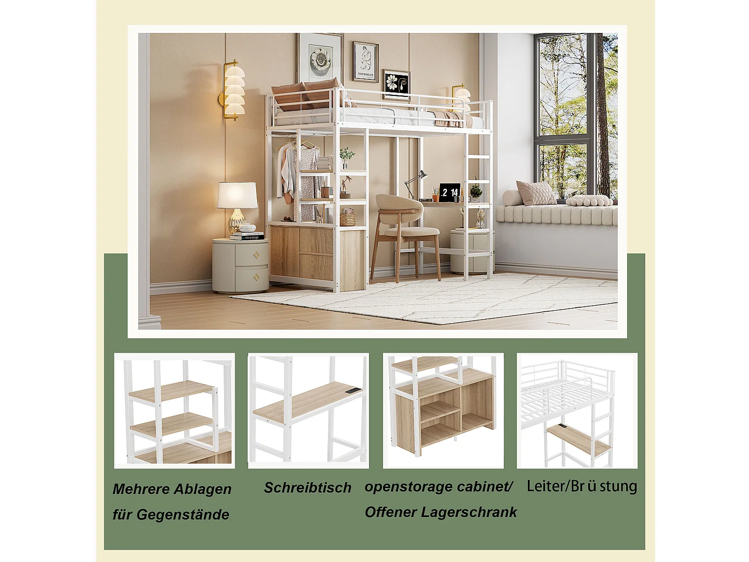 Hochbett 90 x 200 cm mit Schreibtisch, USB-Anschlüssen, offenem Stauraum – Metall + MDF – Weiß (ohne Matratze)