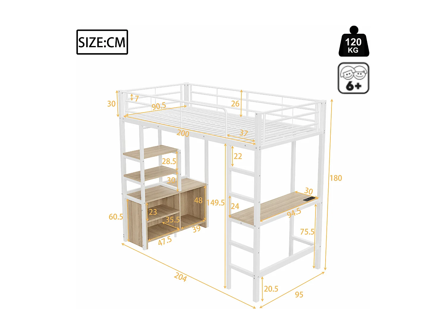 Hoogslaper 90 x 200 cm met bureau, USB-aansluitingen, open opbergkast - Metaal + MDF - Wit (zonder matras)
