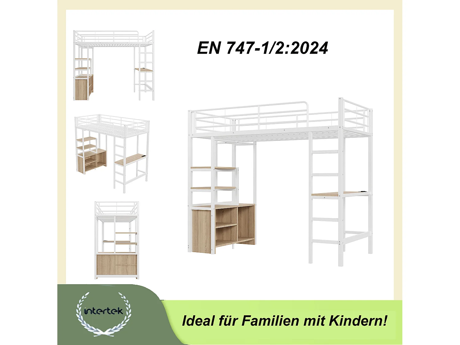 Letto a soppalco 90 x 200 cm con scrivania, prese USB, armadio a giorno - Metallo + MDF - Bianco (senza materasso)