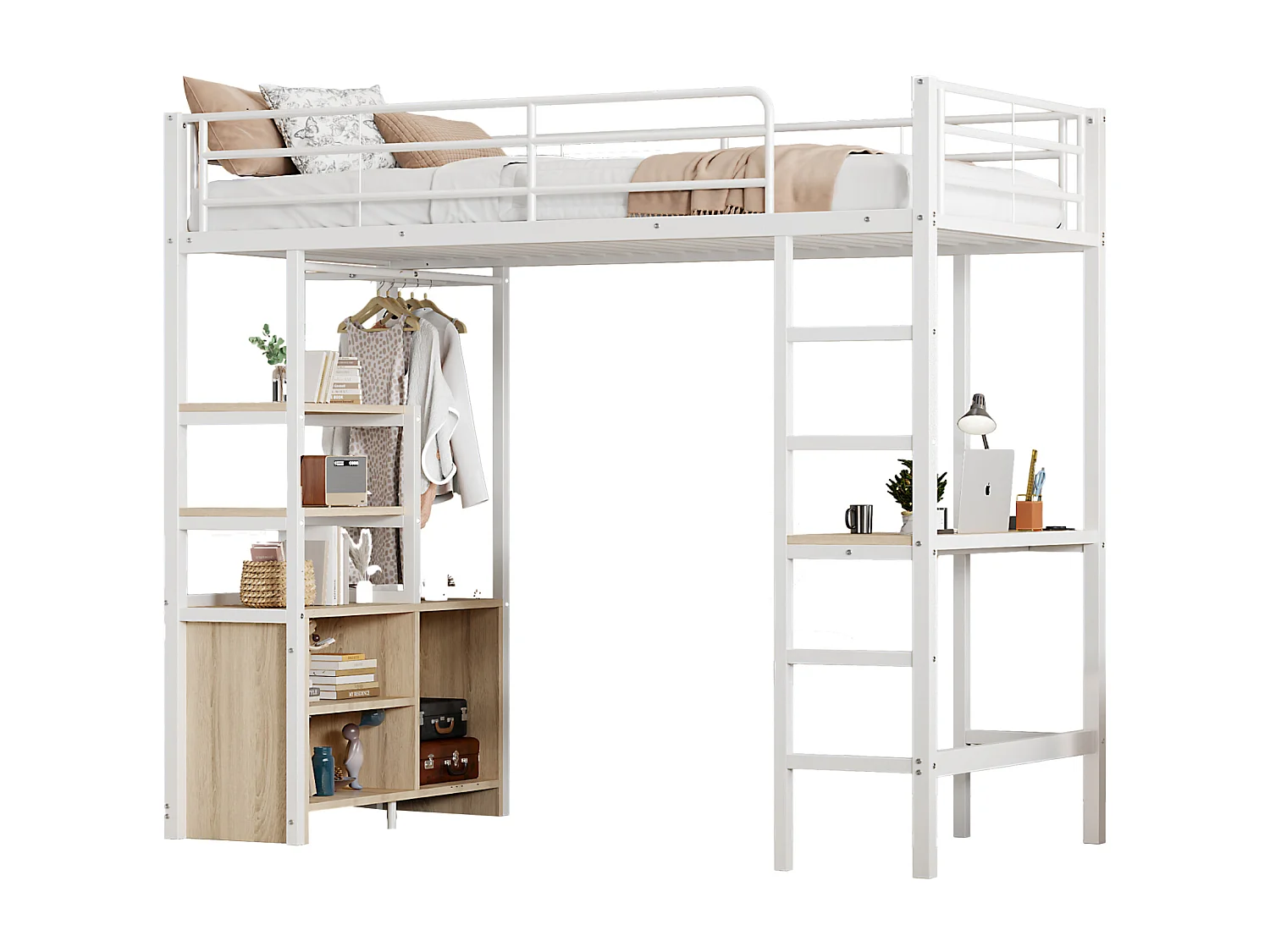 Letto a soppalco 90 x 200 cm con scrivania, prese USB, armadio a giorno - Metallo + MDF - Bianco (senza materasso)