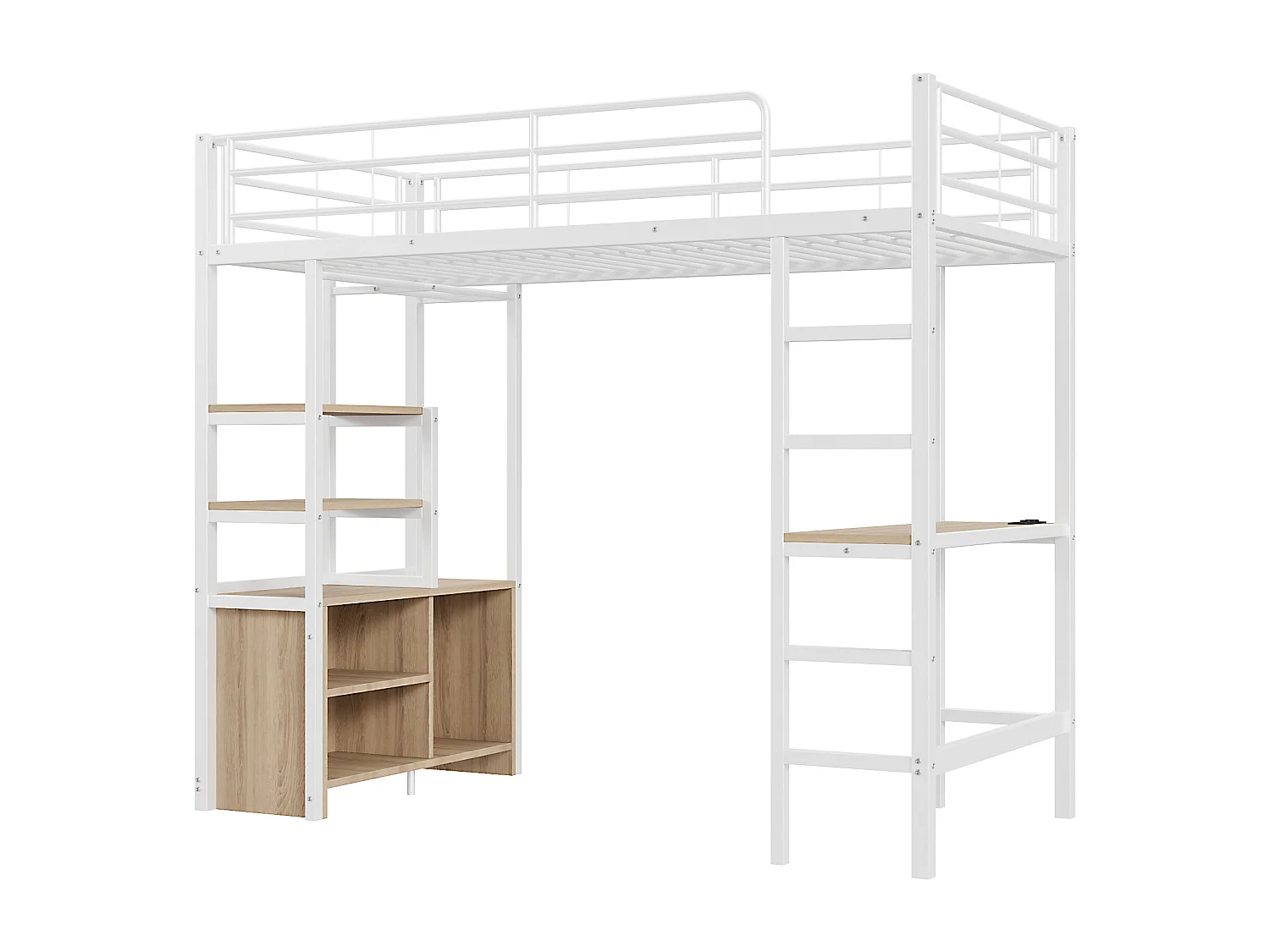 Letto a soppalco 90 x 200 cm con scrivania, prese USB, armadio a giorno - Metallo + MDF - Bianco (senza materasso)