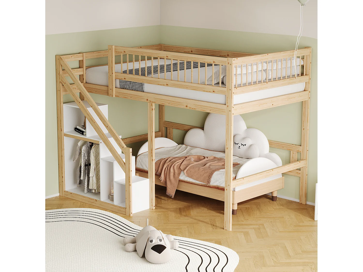 Hoogslaper 140 x 200 cm met opbergkast - Massief hout + MDF - Naturel en wit (zonder matras)