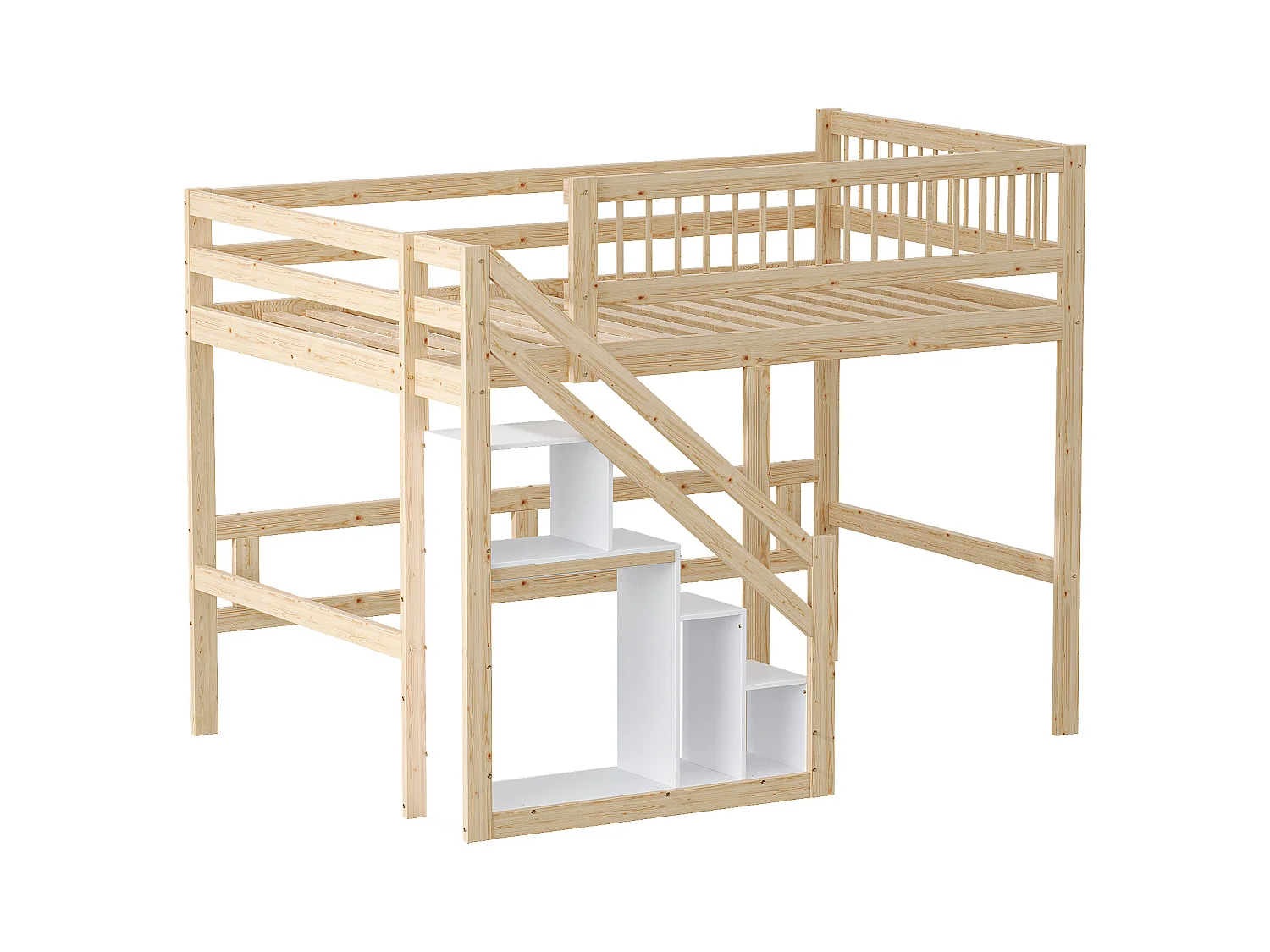 Hoogslaper 140 x 200 cm met opbergkast - Massief hout + MDF - Naturel en wit (zonder matras)