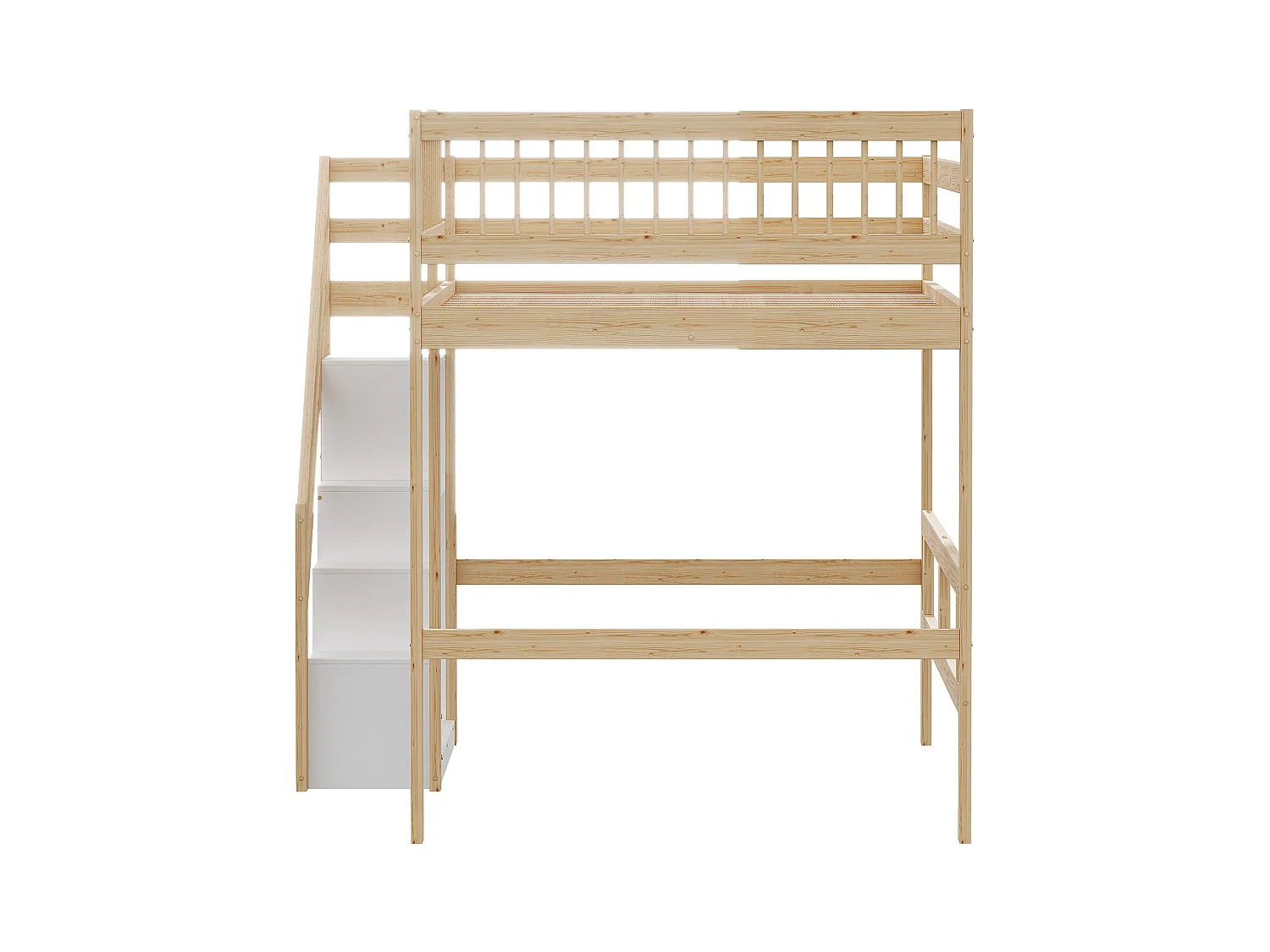 Hoogslaper 140 x 200 cm met opbergkast - Massief hout + MDF - Naturel en wit (zonder matras)